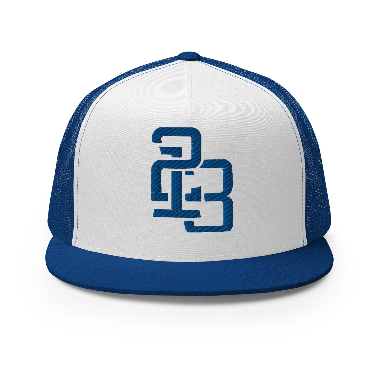 "213" Five Panel Trucker Cap | Yupoong 6006 | E Luna CLASSIC Solocrest 1 Royal Thread Front Logo
