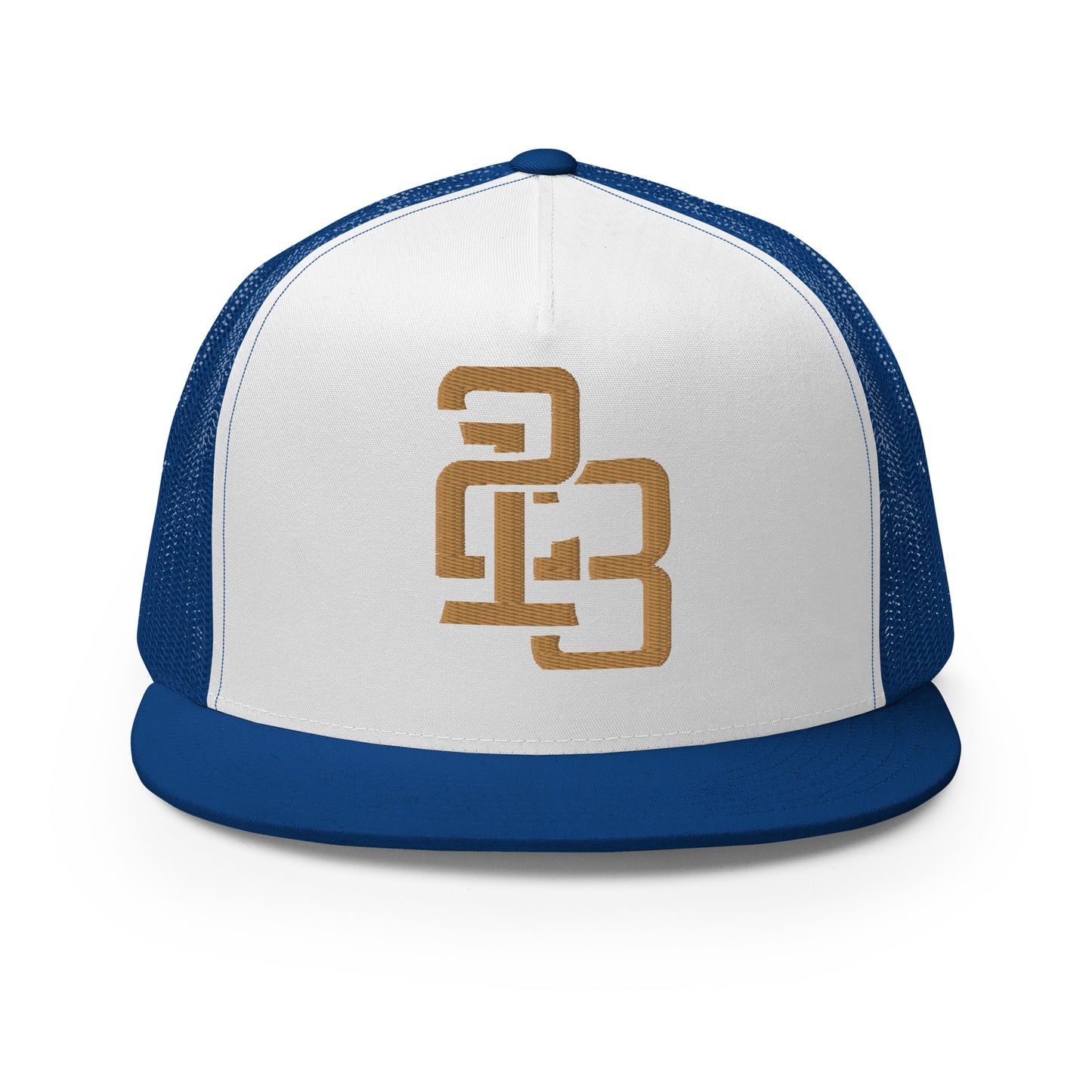 "213" Five Panel Trucker Cap | Yupoong 6006 | E Luna CLASSIC Solocrest 1 Old Gold Thread Front Logo
