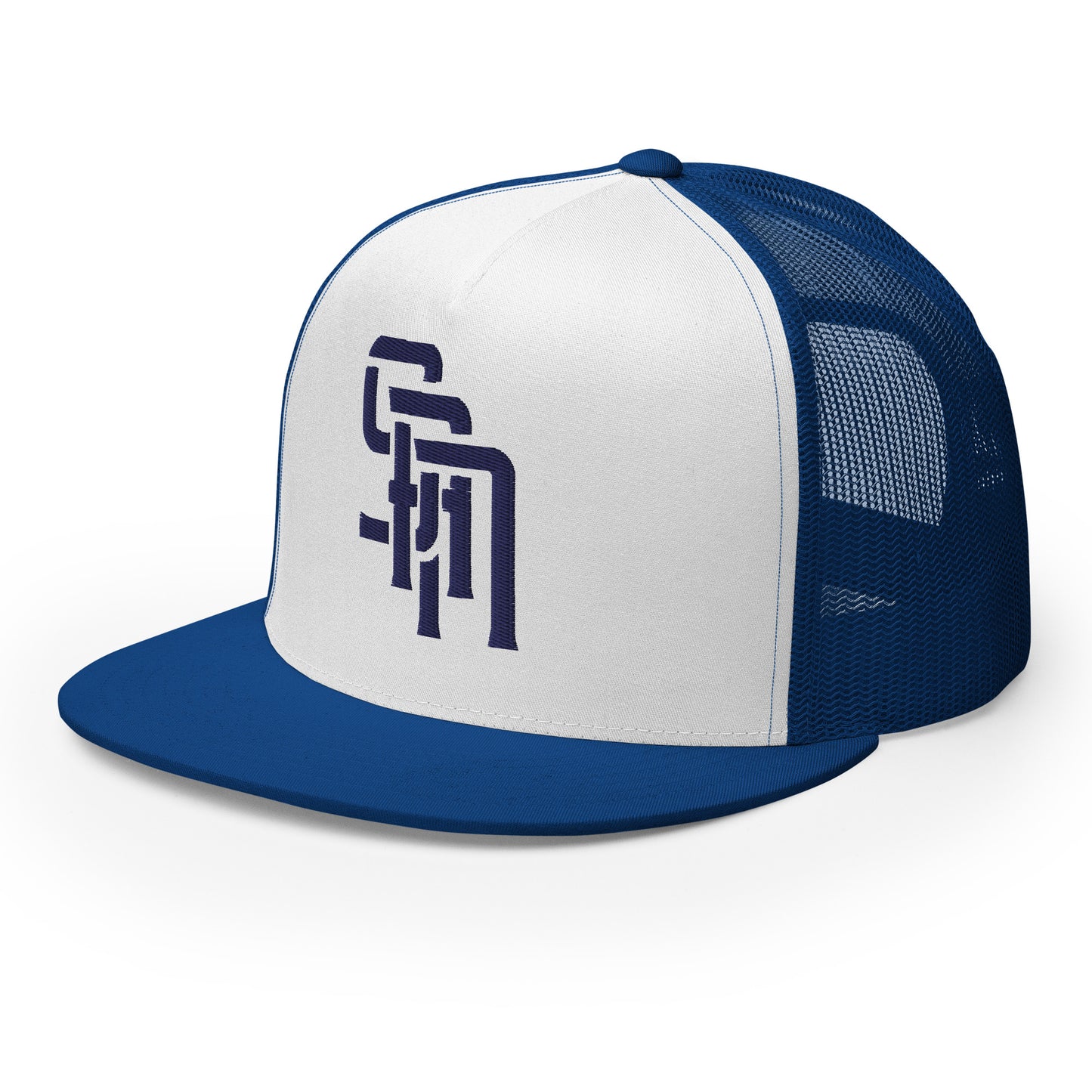"SAN" Five Panel Trucker Cap | Yupoong 6006 | E Luna Brand CLASSIC Solocrest 1 Navy Thread Front Logo