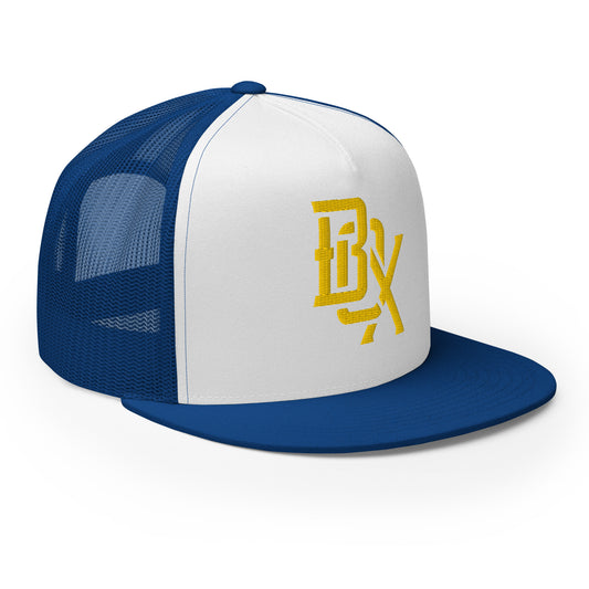 "BOX" Five Panel Trucker Cap | Yupoong 6006 | E Luna CLASSIC Solocrest 1 Gold Thread Front Logo