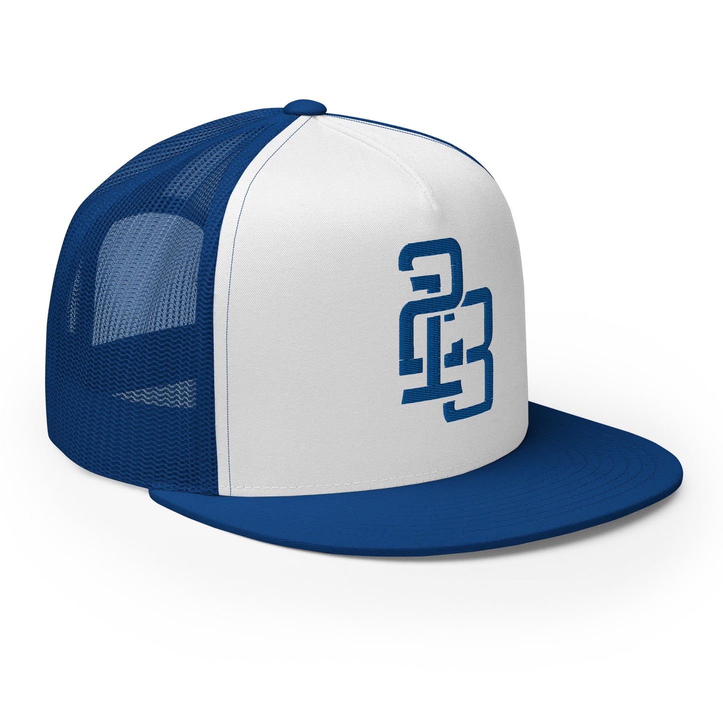 "213" Five Panel Trucker Cap | Yupoong 6006 | E Luna CLASSIC Solocrest 1 Royal Thread Front Logo
