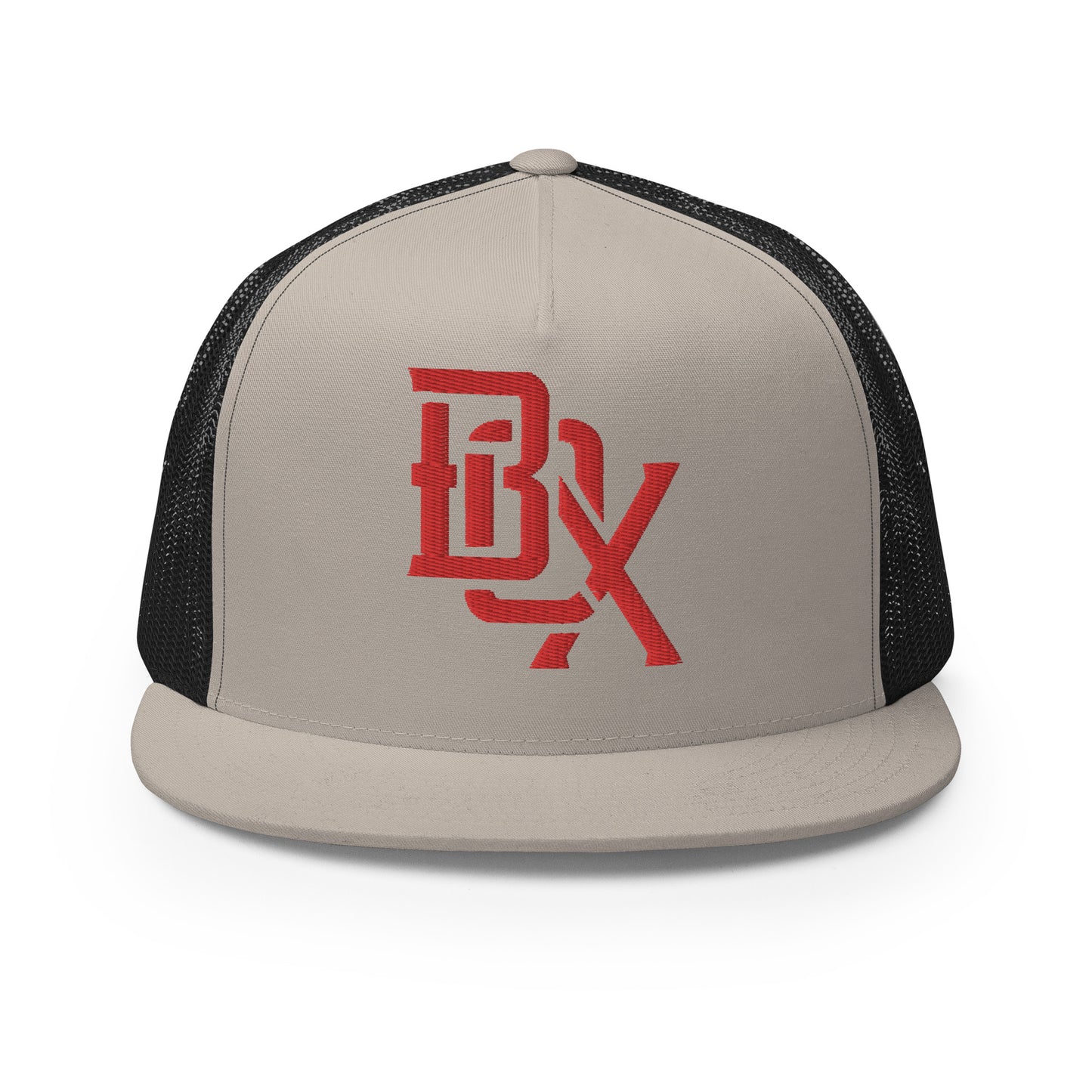"BOX" Five Panel Trucker Cap | Yupoong 6006 | E Luna CLASSIC Solocrest 1 Red Thread Front Logo