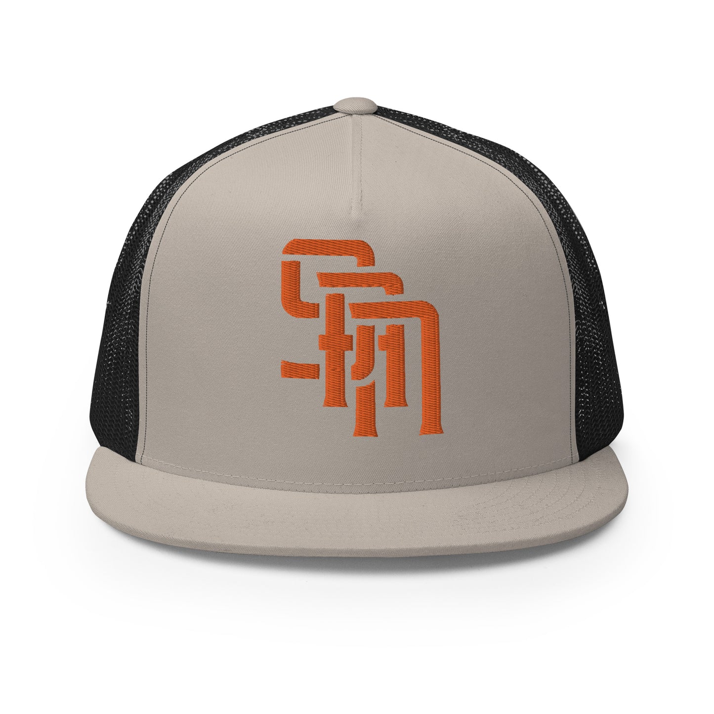 "SAN" Five Panel Trucker Cap | Yupoong 6006 | E Luna Brand CLASSIC Solocrest 1 Orange Thread Front Logo