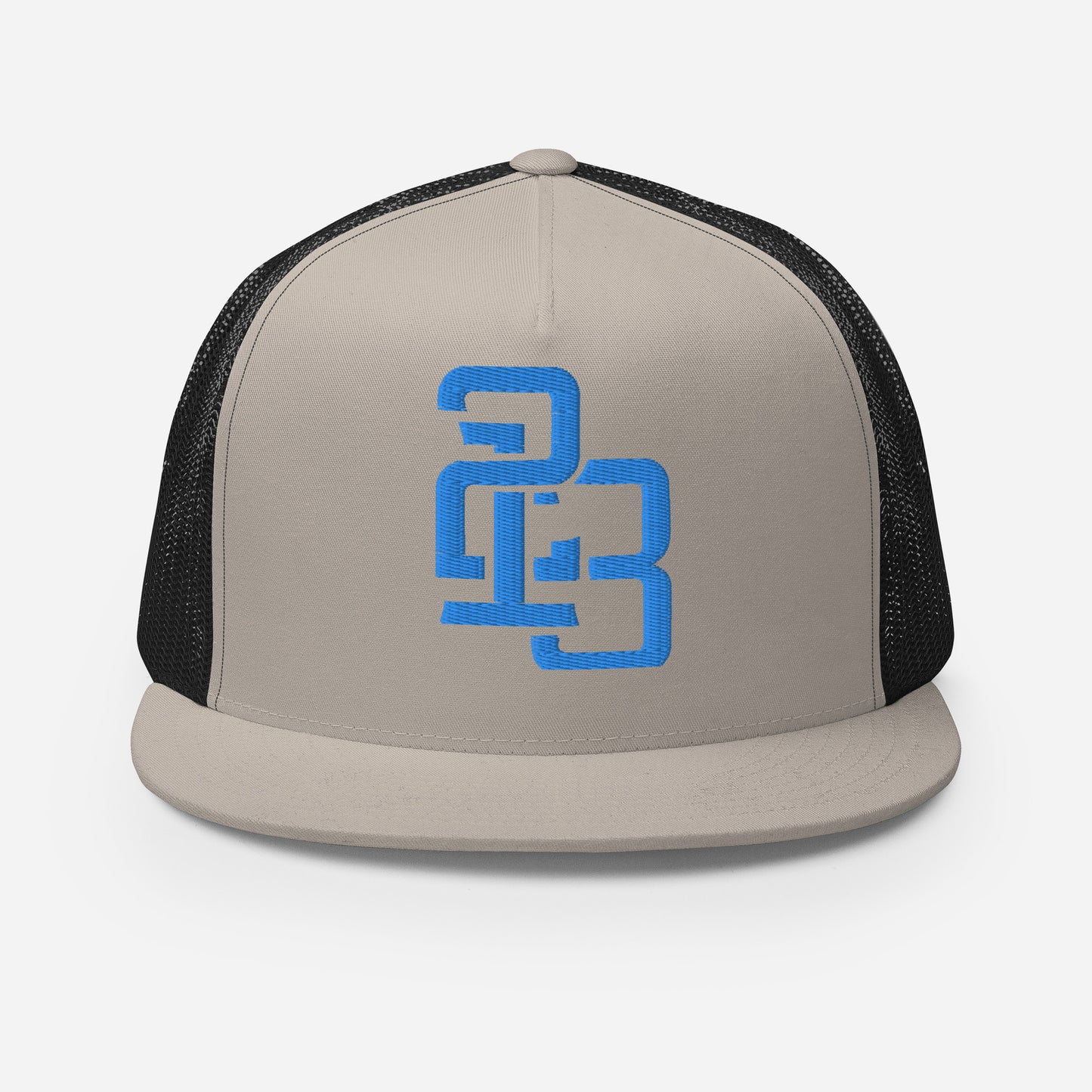 "213" Five Panel Trucker Cap | Yupoong 6006 | E Luna CLASSIC Solocrest 1 Aqua/Teal Thread Front Logo