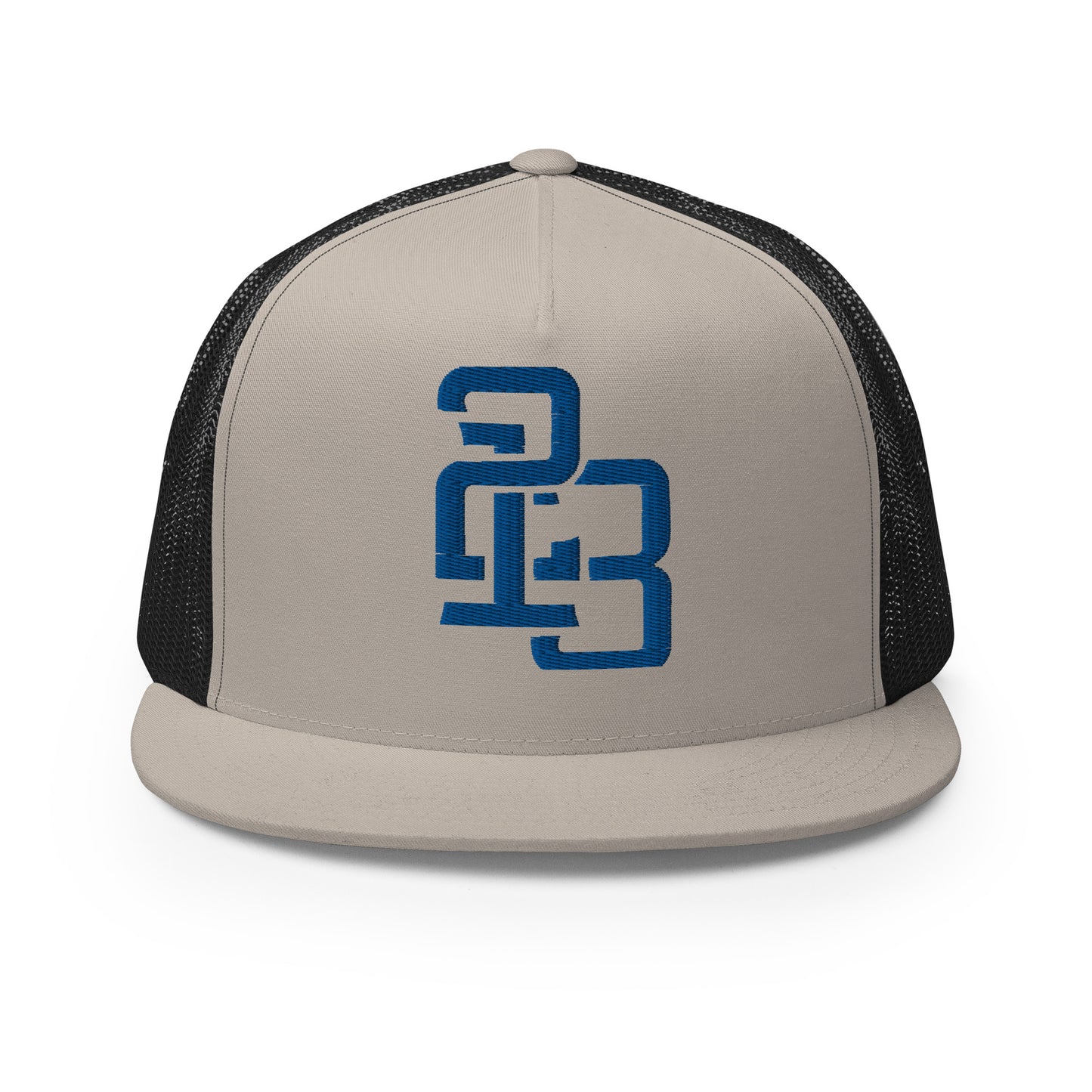 "213" Five Panel Trucker Cap | Yupoong 6006 | E Luna CLASSIC Solocrest 1 Royal Thread Front Logo