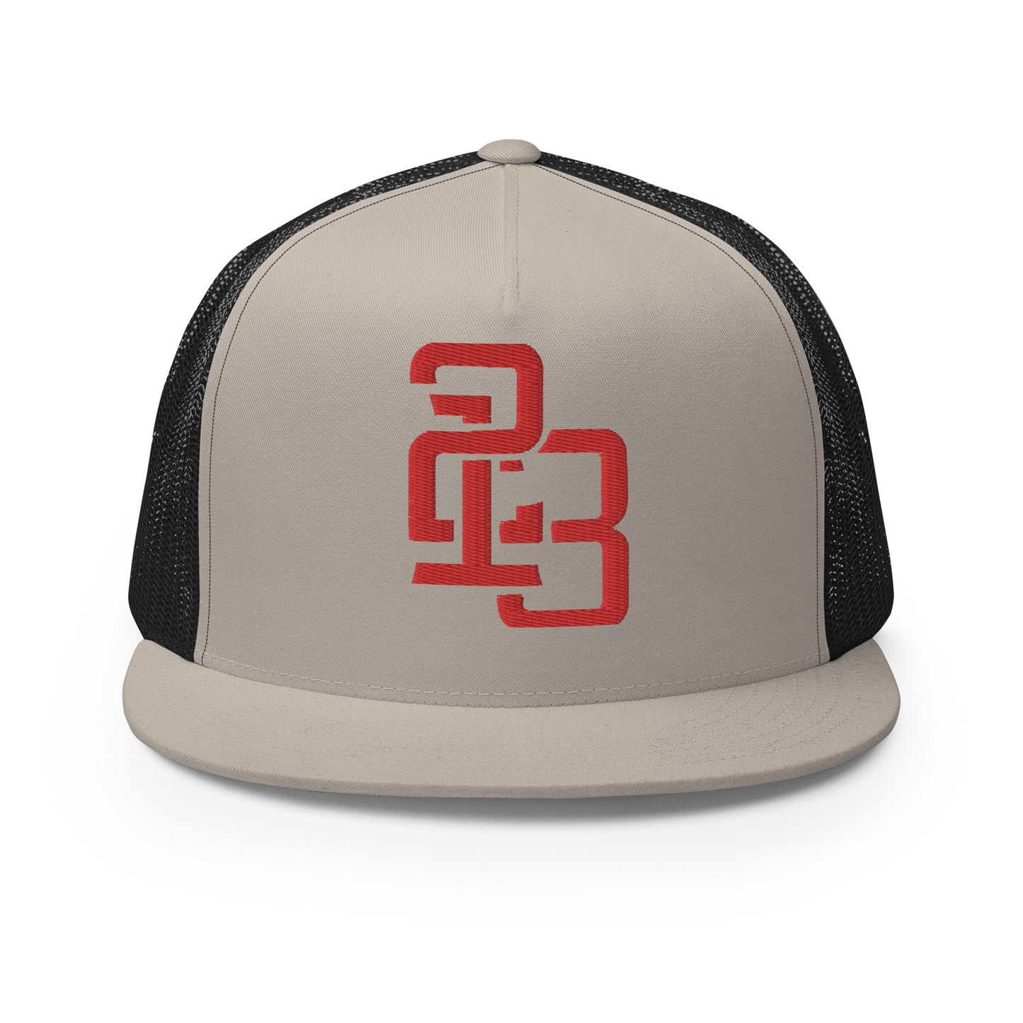 "213" Five Panel Trucker Cap | Yupoong 6006 | E Luna CLASSIC Solocrest 1 RedThread Front Logo