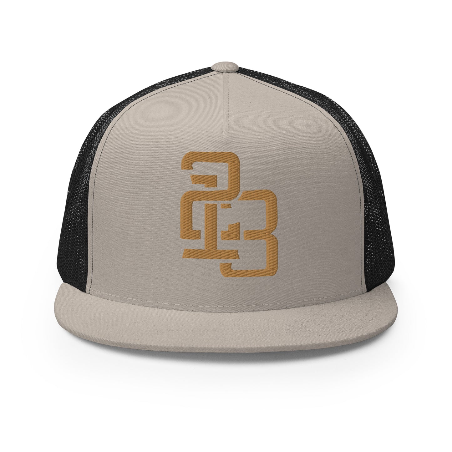 "213" Five Panel Trucker Cap | Yupoong 6006 | E Luna CLASSIC Solocrest 1 Old Gold Thread Front Logo