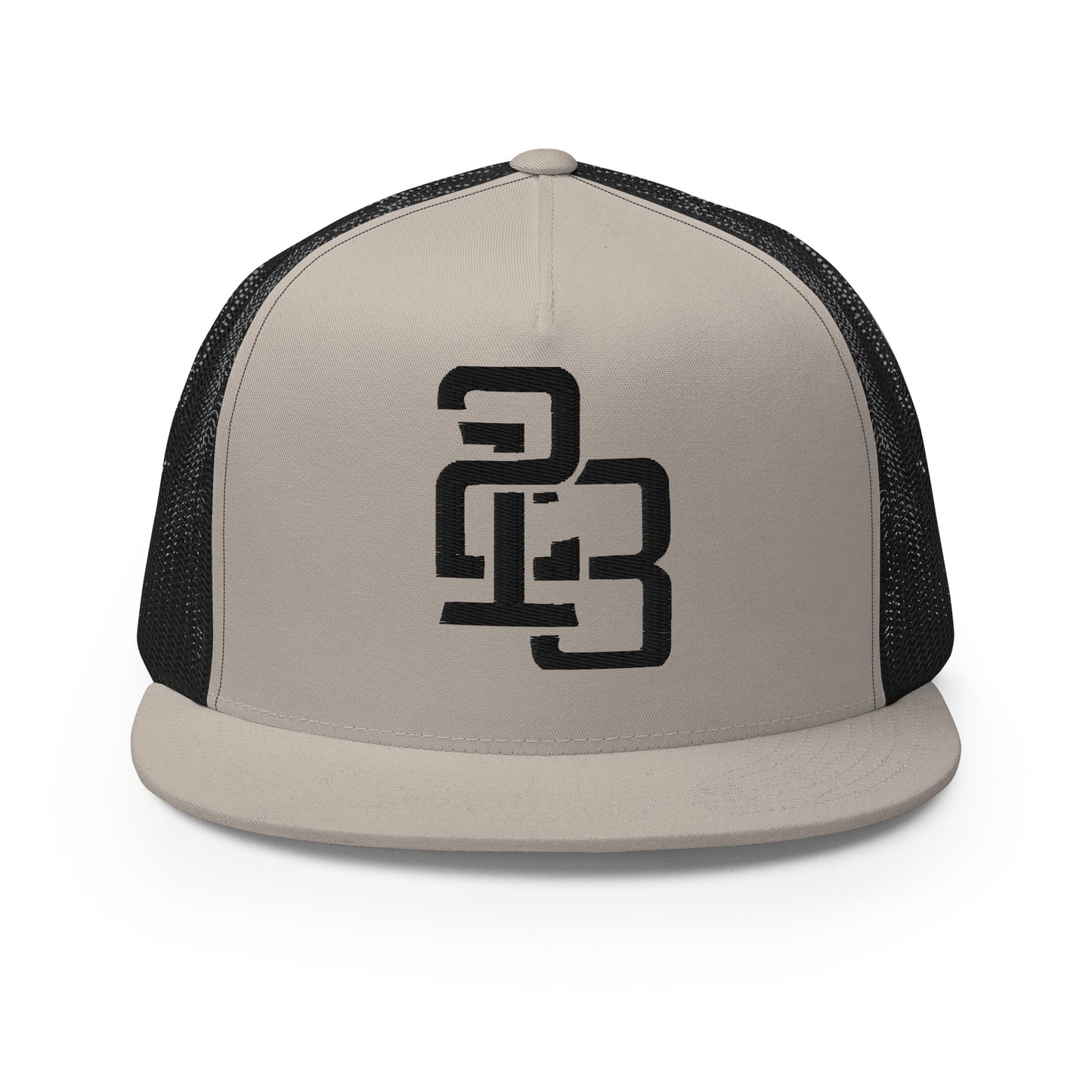 "213" Five Panel Trucker Cap | Yupoong 6006 | E Luna CLASSIC Solocrest 1 Black Thread Front Logo