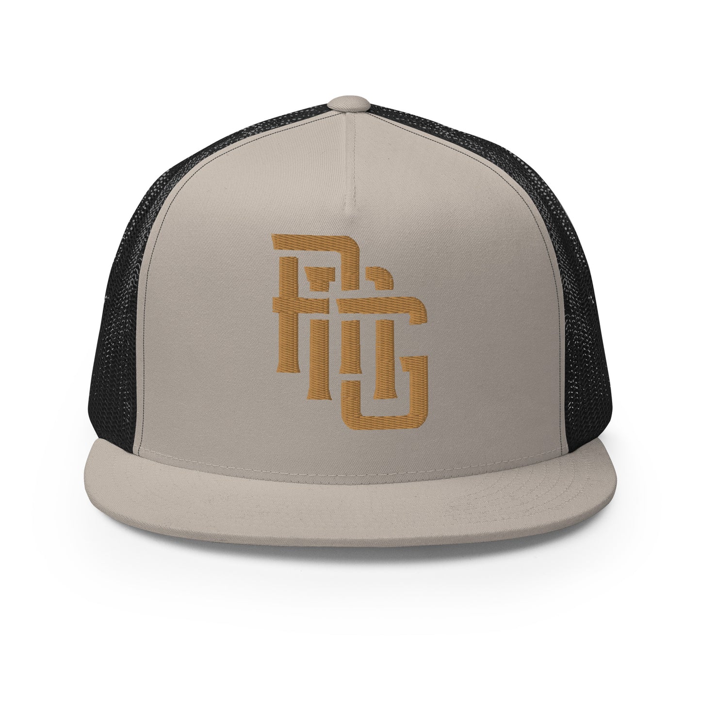 "ANG" Five Panel Trucker Cap | Yupoong 6006 | E Luna CLASSIC Solocrest 1 Old Gold Thread Front Logo