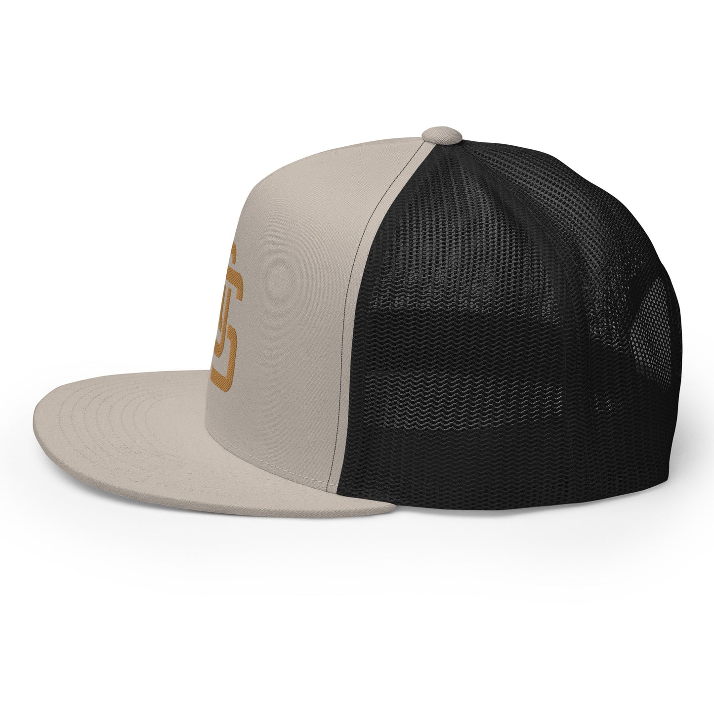 "LOS" Five Panel Trucker Cap | Yupoong 6006 | E Luna CLASSIC 1 Old Gold Thread Front Logo