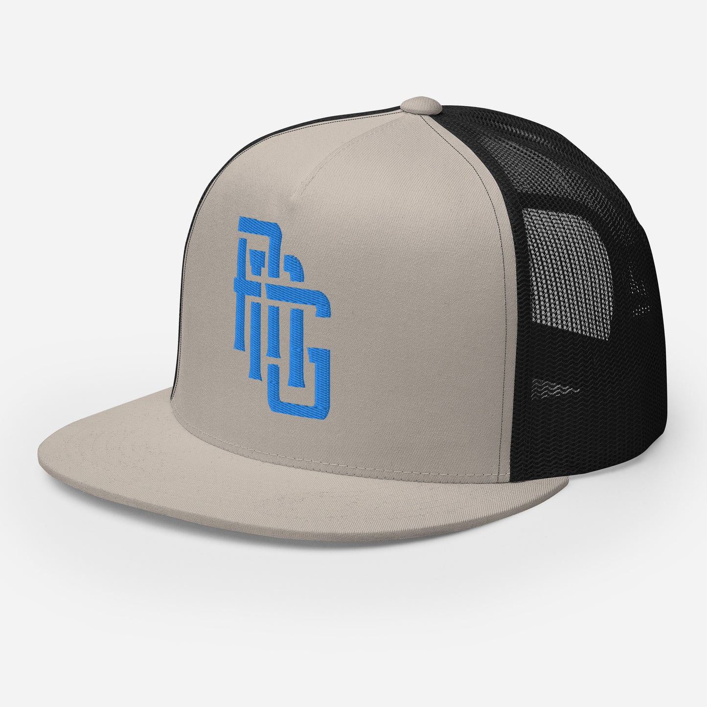 "ANG" Five Panel Trucker Cap | Yupoong 6006 | E Luna CLASSIC Solocrest 1 Aqua/Teal Thread Front Logo