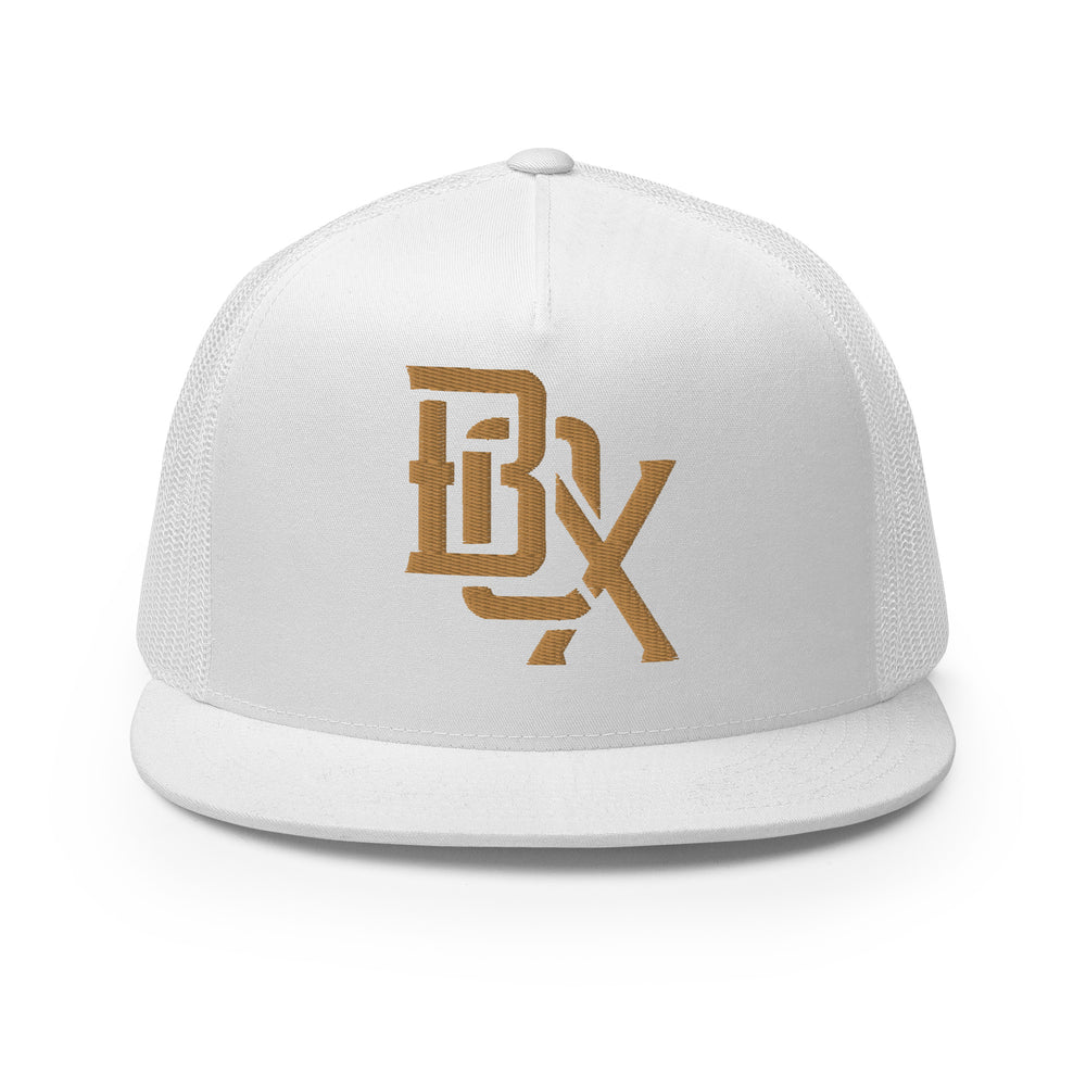 Boné Trucker Cinco Painéis "BOX" | Yupoong 6006 | E Luna CLASSIC Solocrest 1 Fio Ouro Velho Logo Frontal