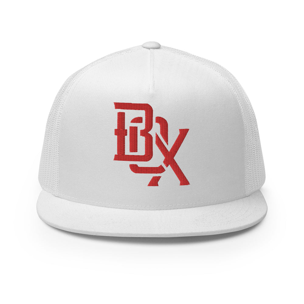 Gorra Trucker de Cinco Paneles "BOX" | Yupoong 6006 | E Luna CLASSIC Logotipo Frontal Solocrest con Hilo Rojo