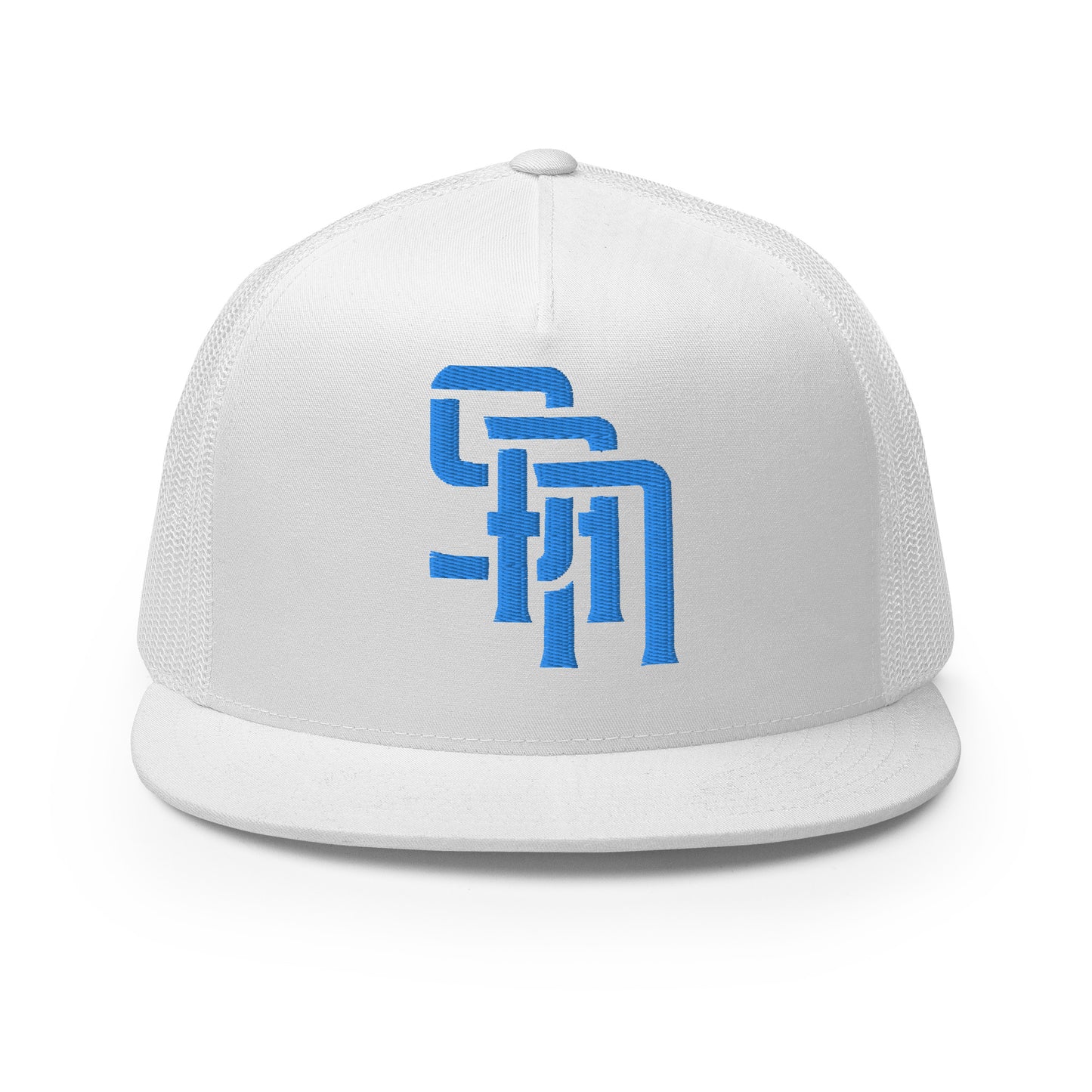 "SAN" Five Panel Trucker Cap | Yupoong 6006 | E Luna Brand CLASSIC Solocrest 1 Aqua/Teal Thread Front Logo