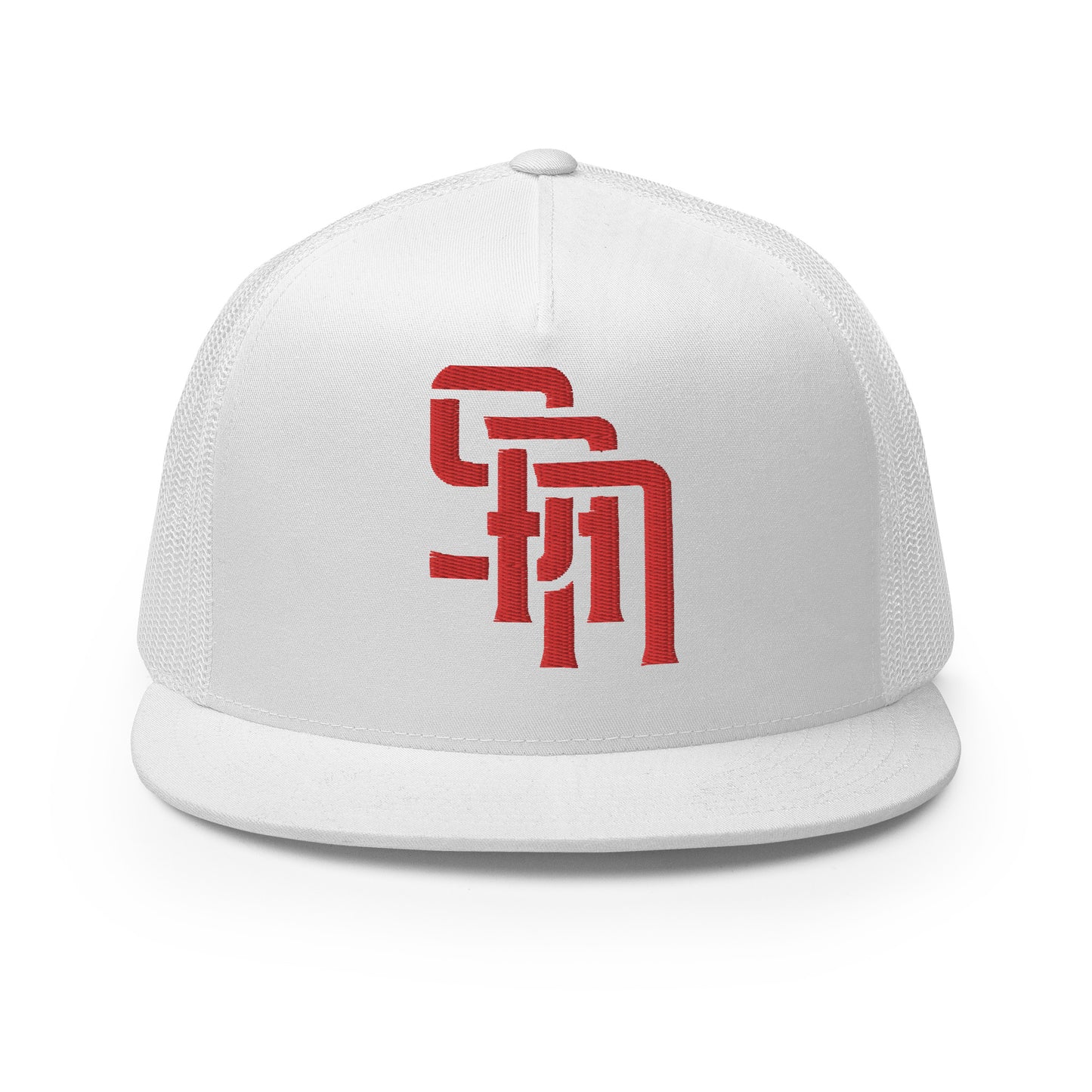 "SAN" Five Panel Trucker Cap | Yupoong 6006 | E Luna Brand CLASSIC Solocrest 1 Red Thread Front Logo