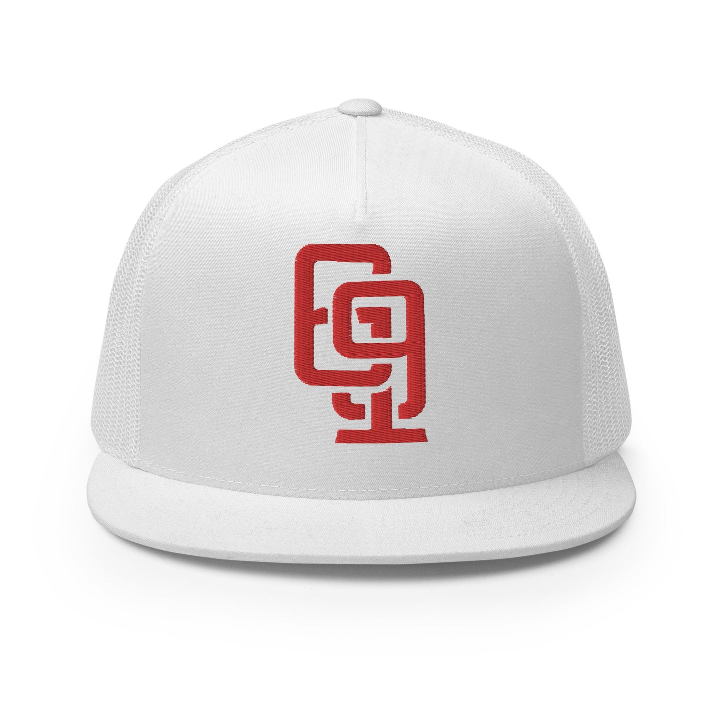 "619" Five Panel Trucker Cap | Yupoong 6006 | E Luna CLASSIC Solocrest 1 Red Thread Front Logo