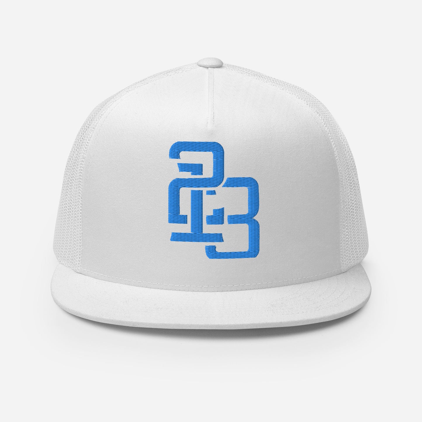 "213" Five Panel Trucker Cap | Yupoong 6006 | E Luna CLASSIC Solocrest 1 Aqua/Teal Thread Front Logo