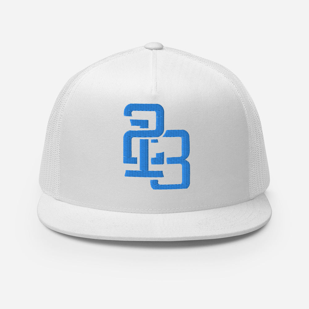 "213" Five Panel Trucker Cap | Yupoong 6006 | E Luna CLASSIC Solocrest 1 Aqua/Teal Thread Front Logo