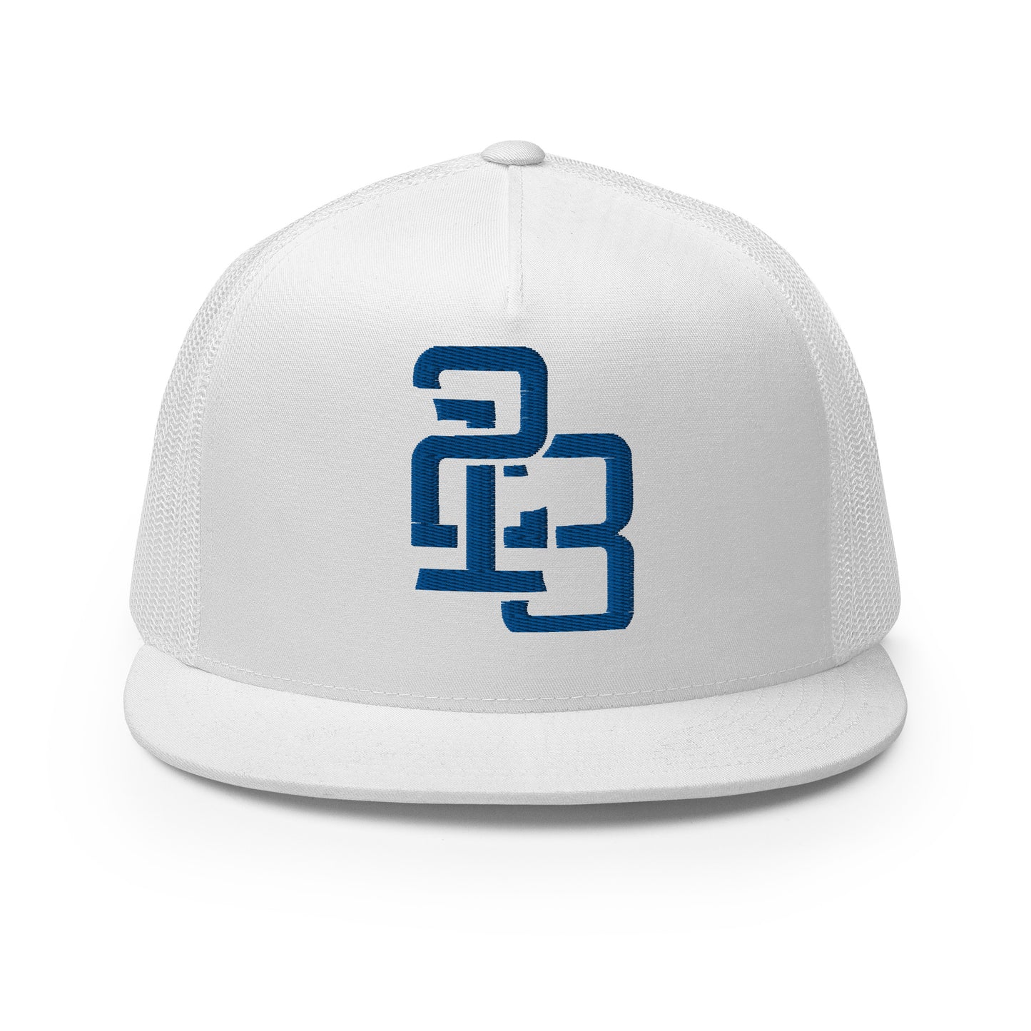 "213" Five Panel Trucker Cap | Yupoong 6006 | E Luna CLASSIC Solocrest 1 Royal Thread Front Logo