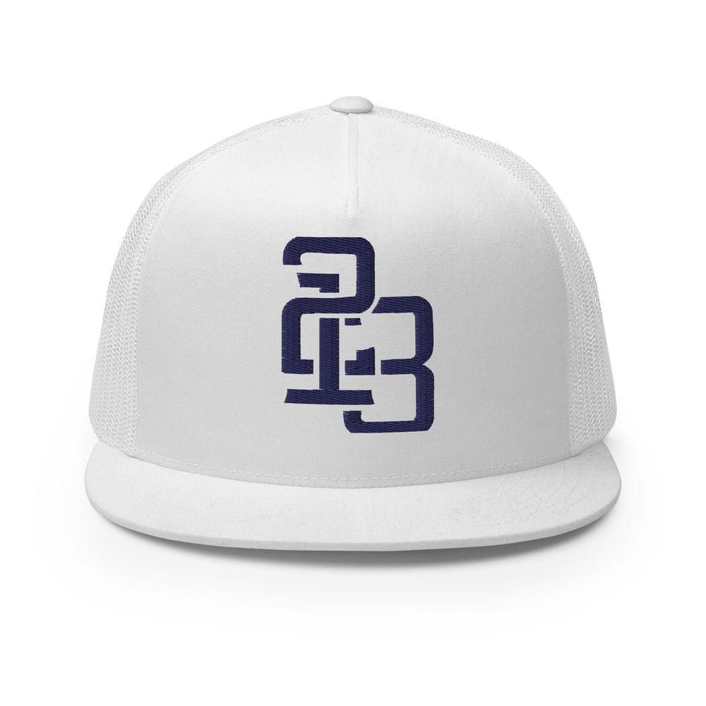 Boné Trucker Cinco Painéis "213" | Yupoong 6006 | E Luna CLASSIC Solocrest 1 Logotipo Frontal com Linha Azul-Marinho