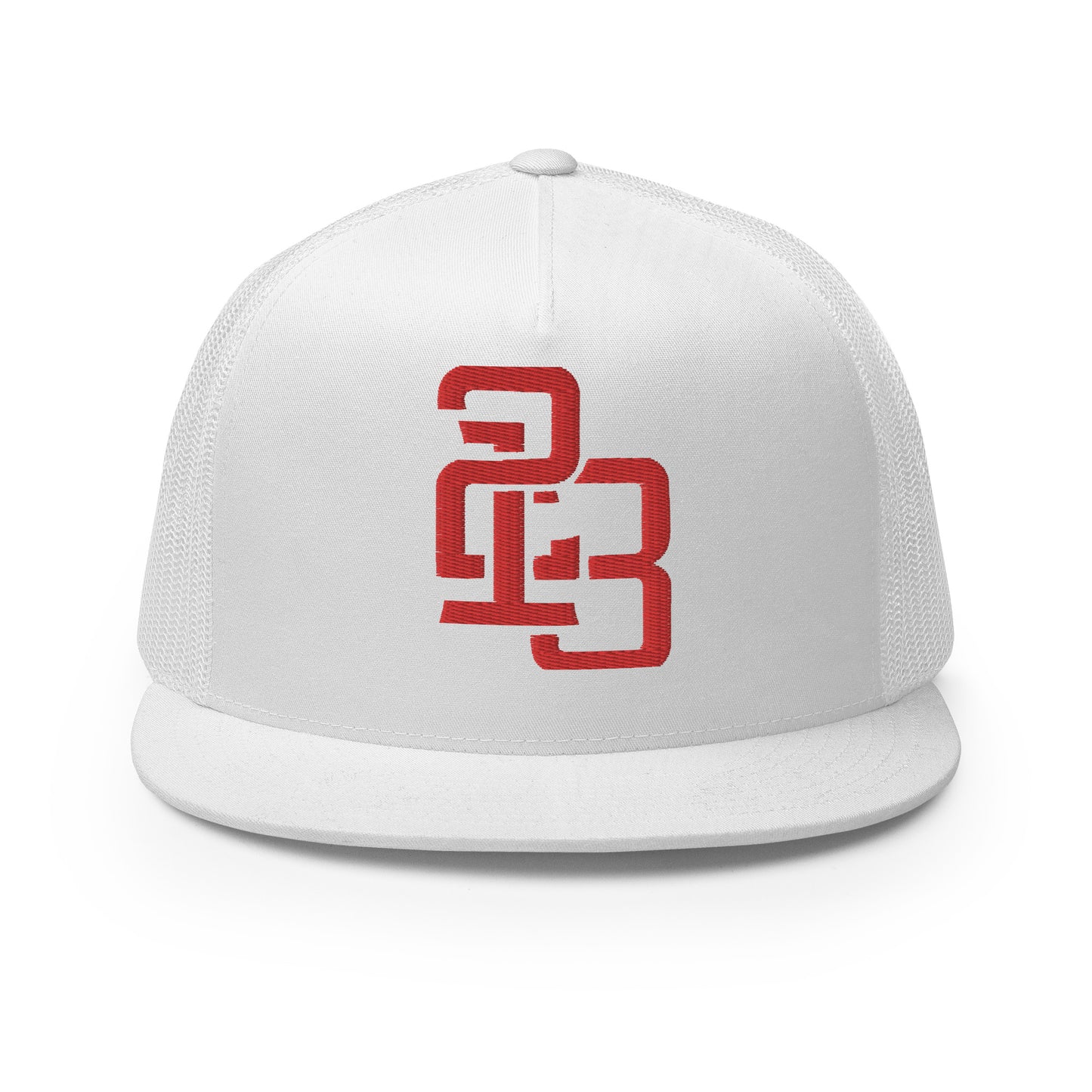 "213" Five Panel Trucker Cap | Yupoong 6006 | E Luna CLASSIC Solocrest 1 RedThread Front Logo