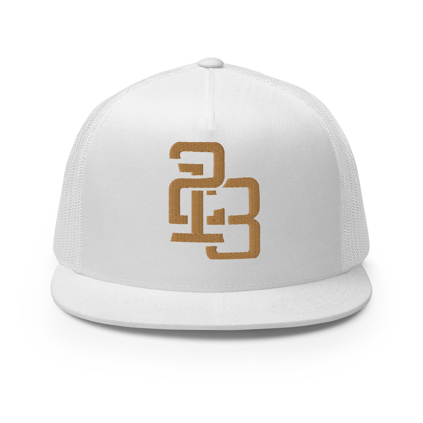 "213" Five Panel Trucker Cap | Yupoong 6006 | E Luna CLASSIC Solocrest 1 Old Gold Thread Front Logo