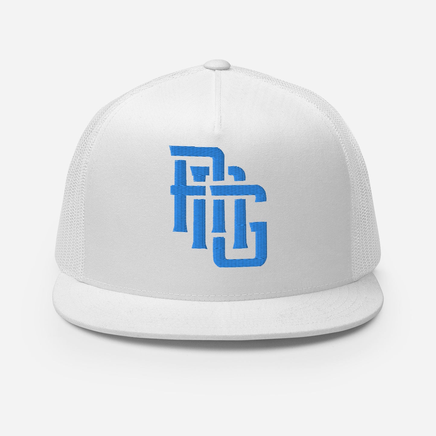 "ANG" Five Panel Trucker Cap | Yupoong 6006 | E Luna CLASSIC Solocrest 1 Aqua/Teal Thread Front Logo