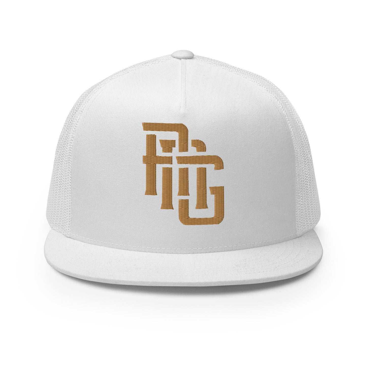 "ANG" Five Panel Trucker Cap | Yupoong 6006 | E Luna CLASSIC Solocrest 1 Old Gold Thread Front Logo