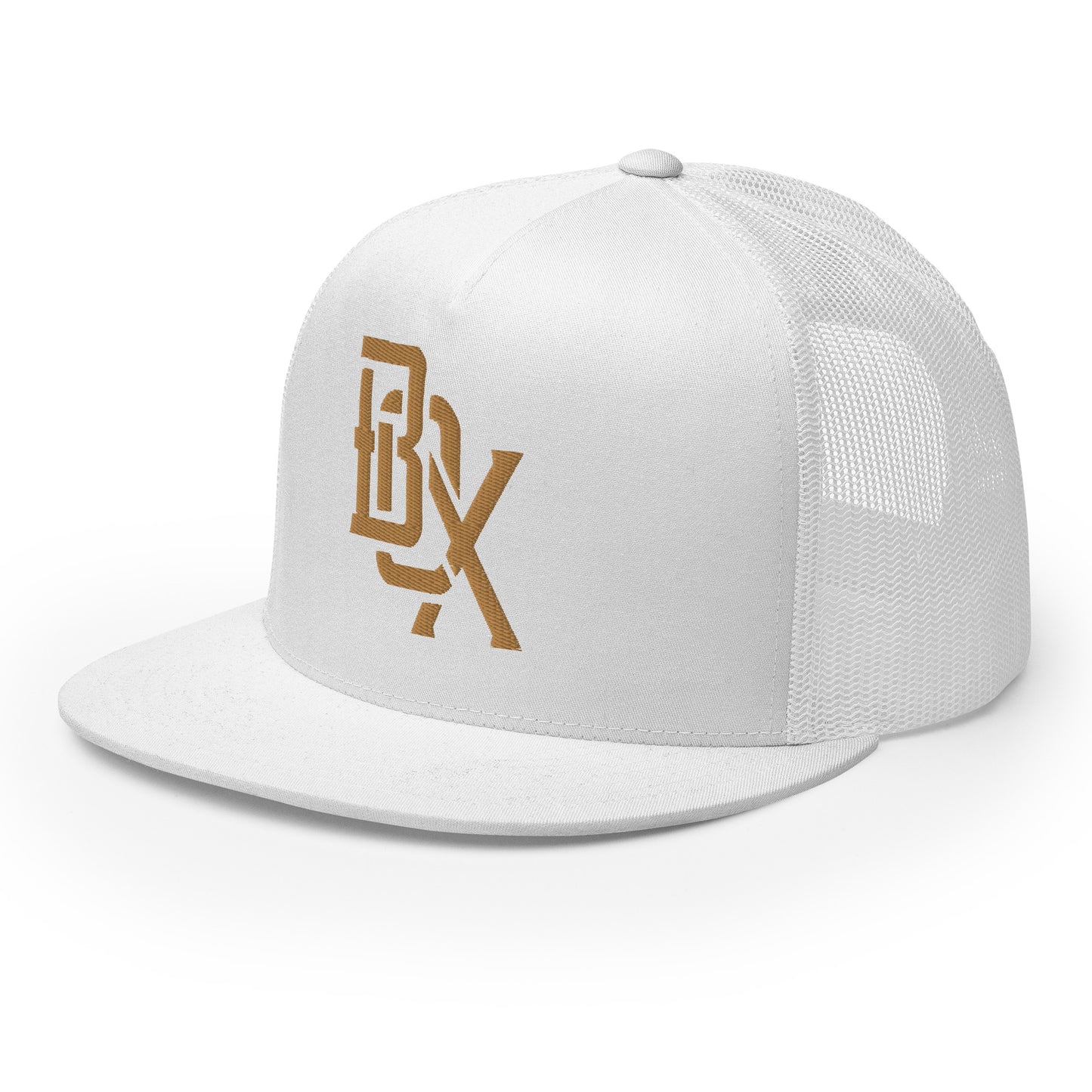 "BOX" Five Panel Trucker Cap | Yupoong 6006 | E Luna CLASSIC Solocrest 1 Old Gold Thread Front Logo