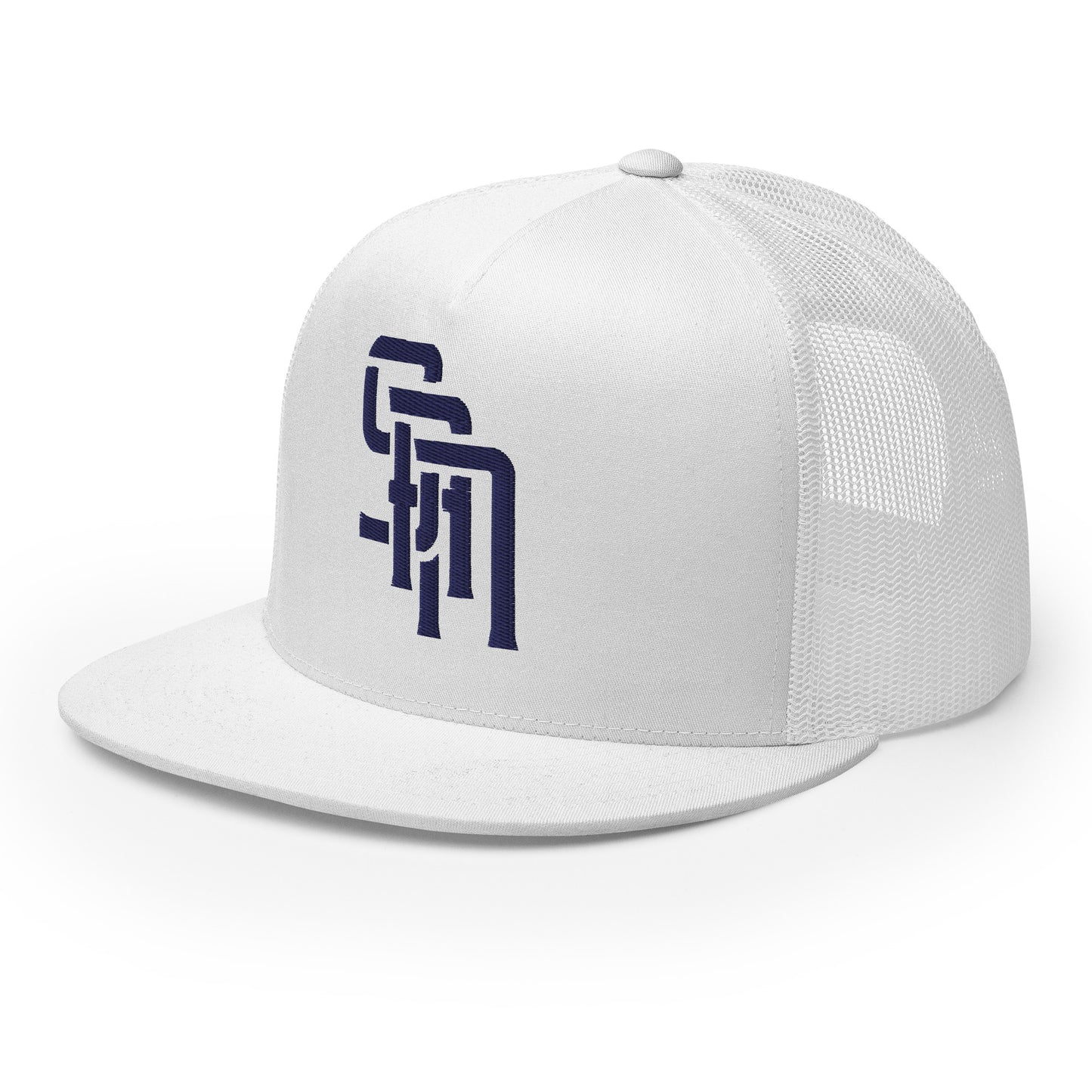 "SAN" Five Panel Trucker Cap | Yupoong 6006 | E Luna Brand CLASSIC Solocrest 1 Navy Thread Front Logo