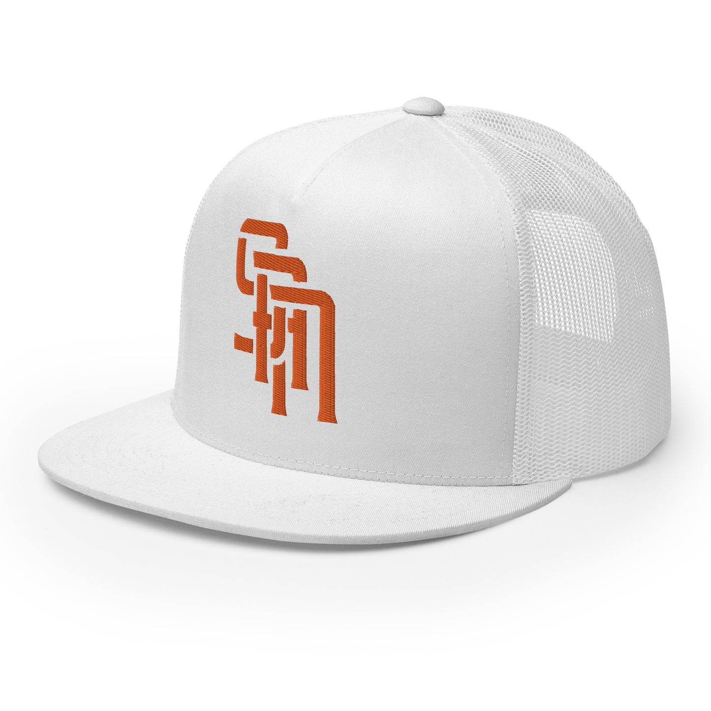"SAN" Five Panel Trucker Cap | Yupoong 6006 | E Luna Brand CLASSIC Solocrest 1 Orange Thread Front Logo