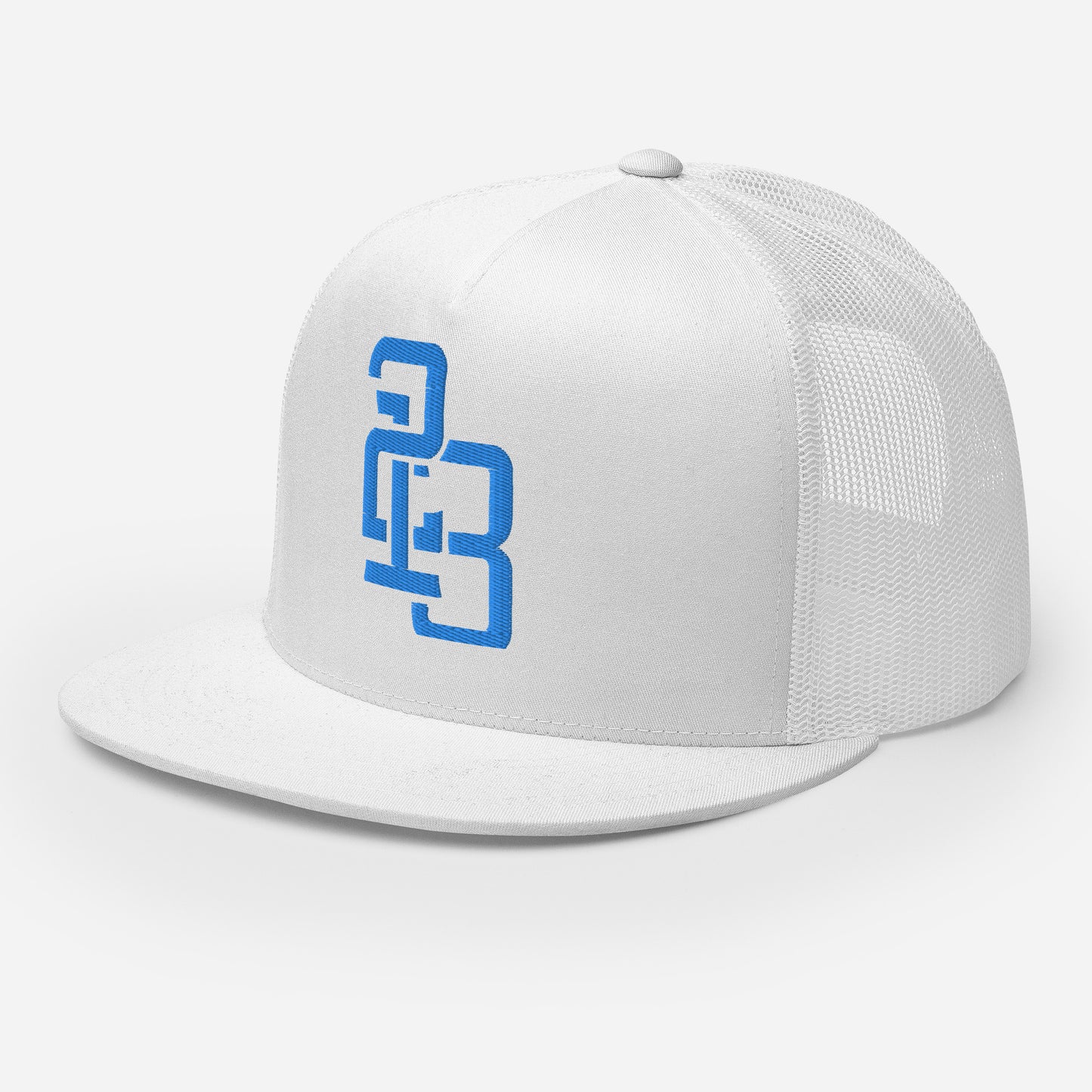 "213" Five Panel Trucker Cap | Yupoong 6006 | E Luna CLASSIC Solocrest 1 Aqua/Teal Thread Front Logo