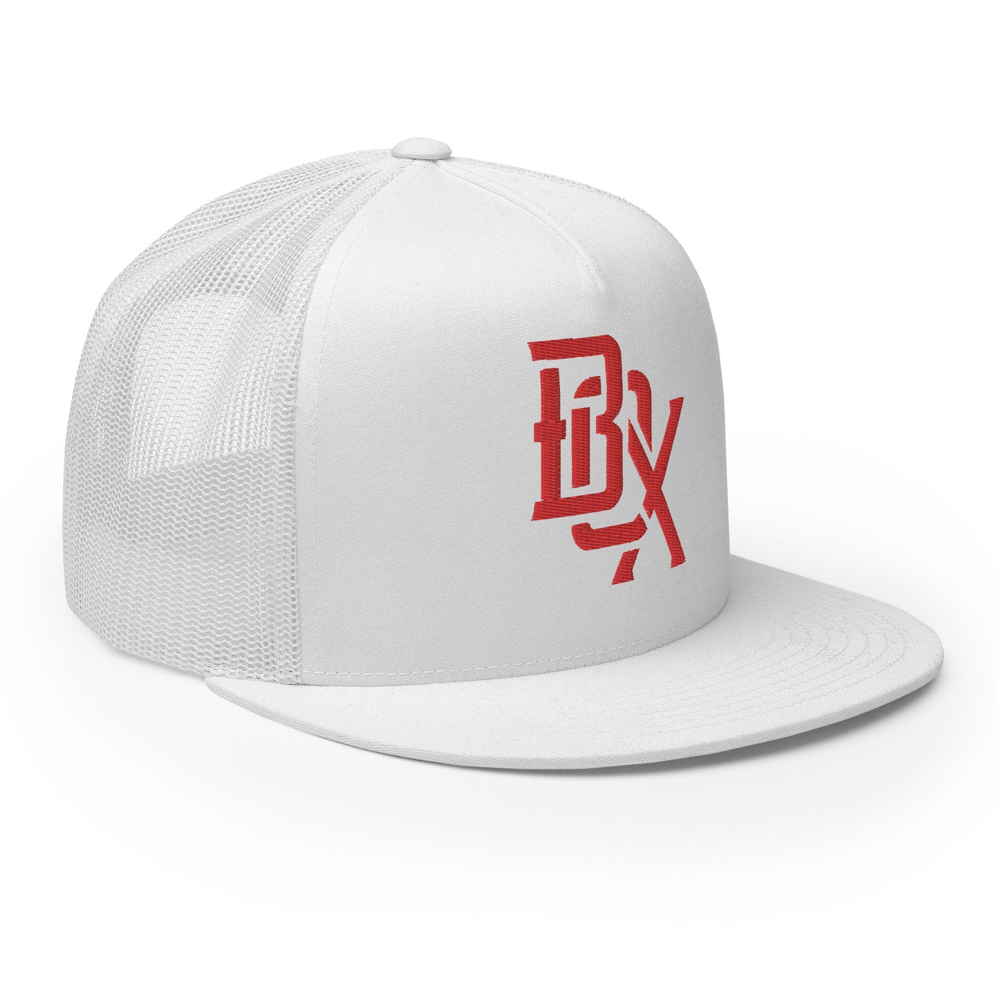 "BOX" Five Panel Trucker Cap | Yupoong 6006 | E Luna CLASSIC Solocrest 1 Red Thread Front Logo