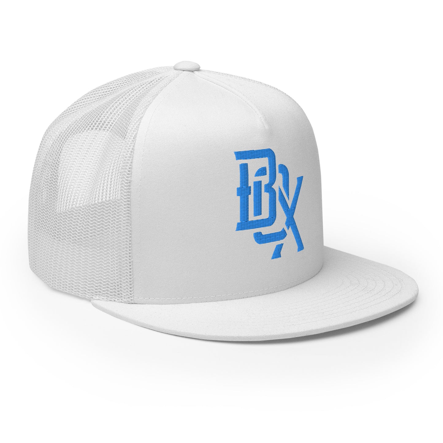 "BOX" Five Panel Trucker Cap | Yupoong 6006 | E Luna CLASSIC Solocrest 1 Aqua/Teal Thread Front Logo