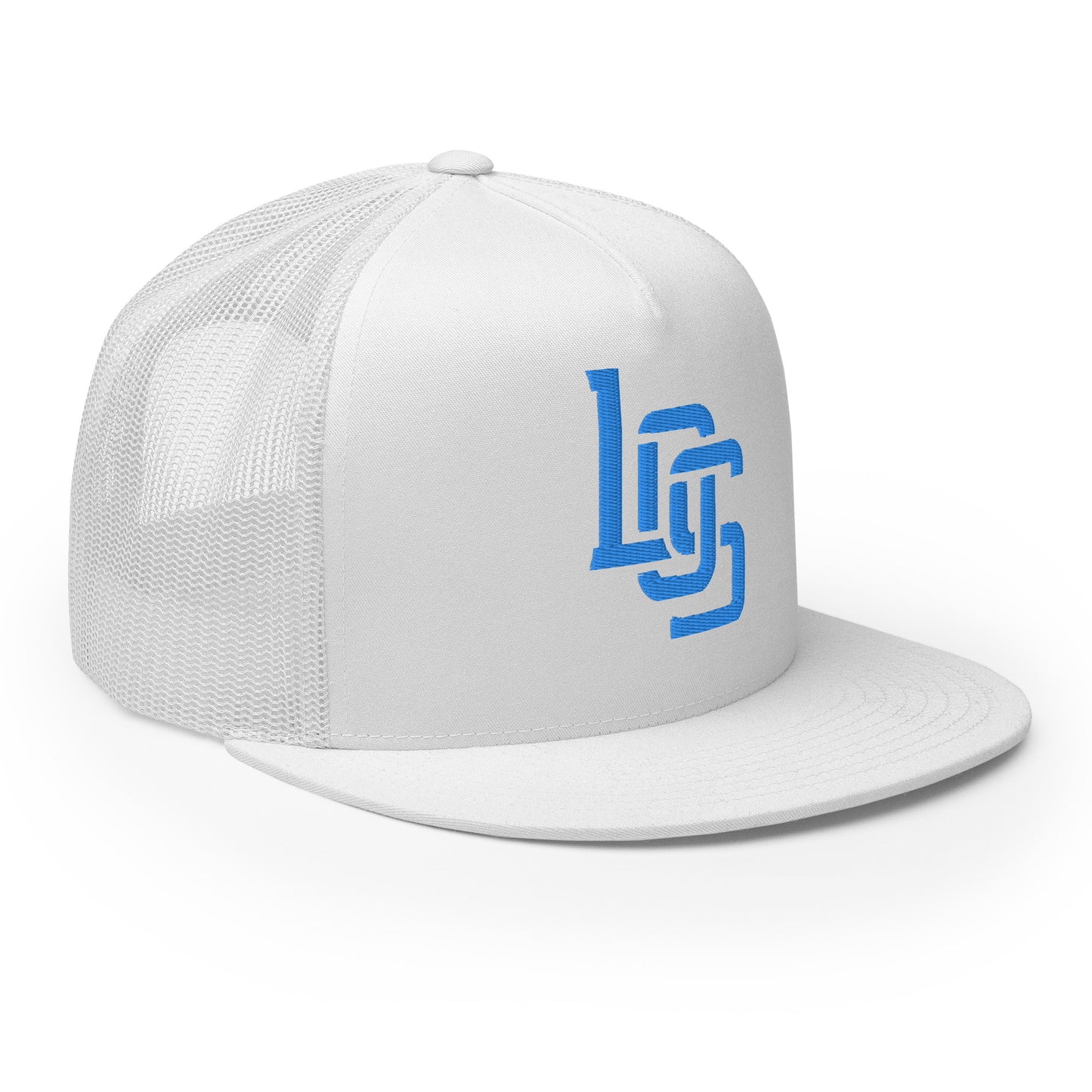 "LOS" Five Panel Trucker Cap | Yupoong 6006 | E Luna CLASSIC 1 Aqua/Teal Thread Front Logo