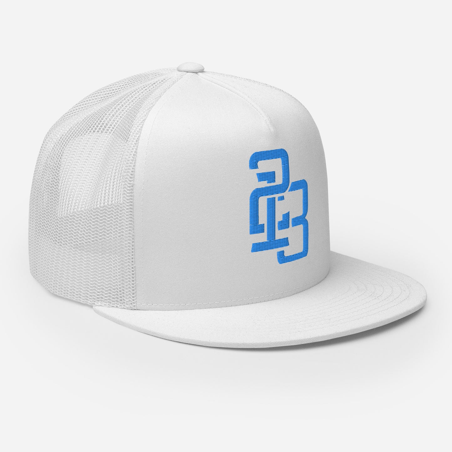"213" Five Panel Trucker Cap | Yupoong 6006 | E Luna CLASSIC Solocrest 1 Aqua/Teal Thread Front Logo