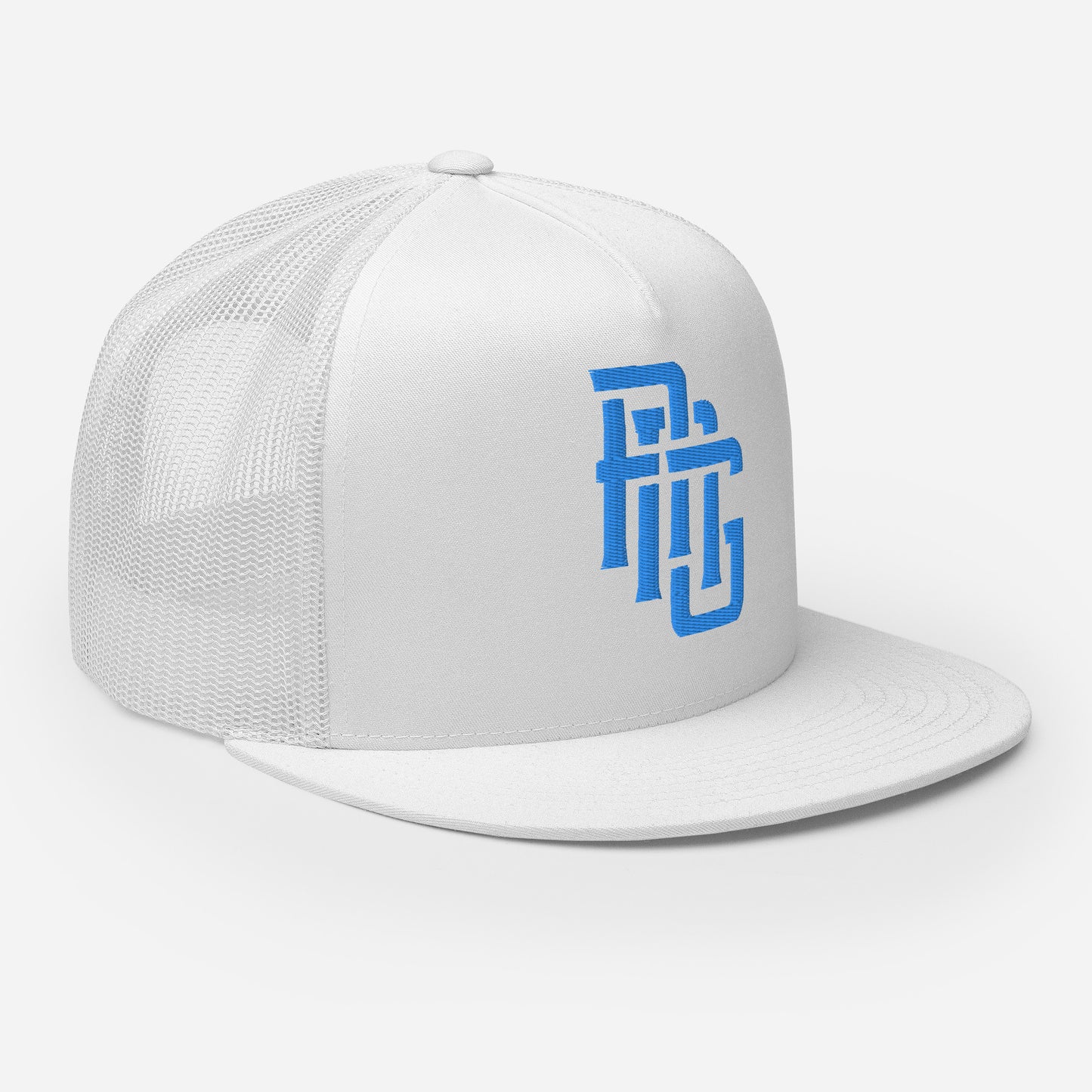 "ANG" Five Panel Trucker Cap | Yupoong 6006 | E Luna CLASSIC Solocrest 1 Aqua/Teal Thread Front Logo