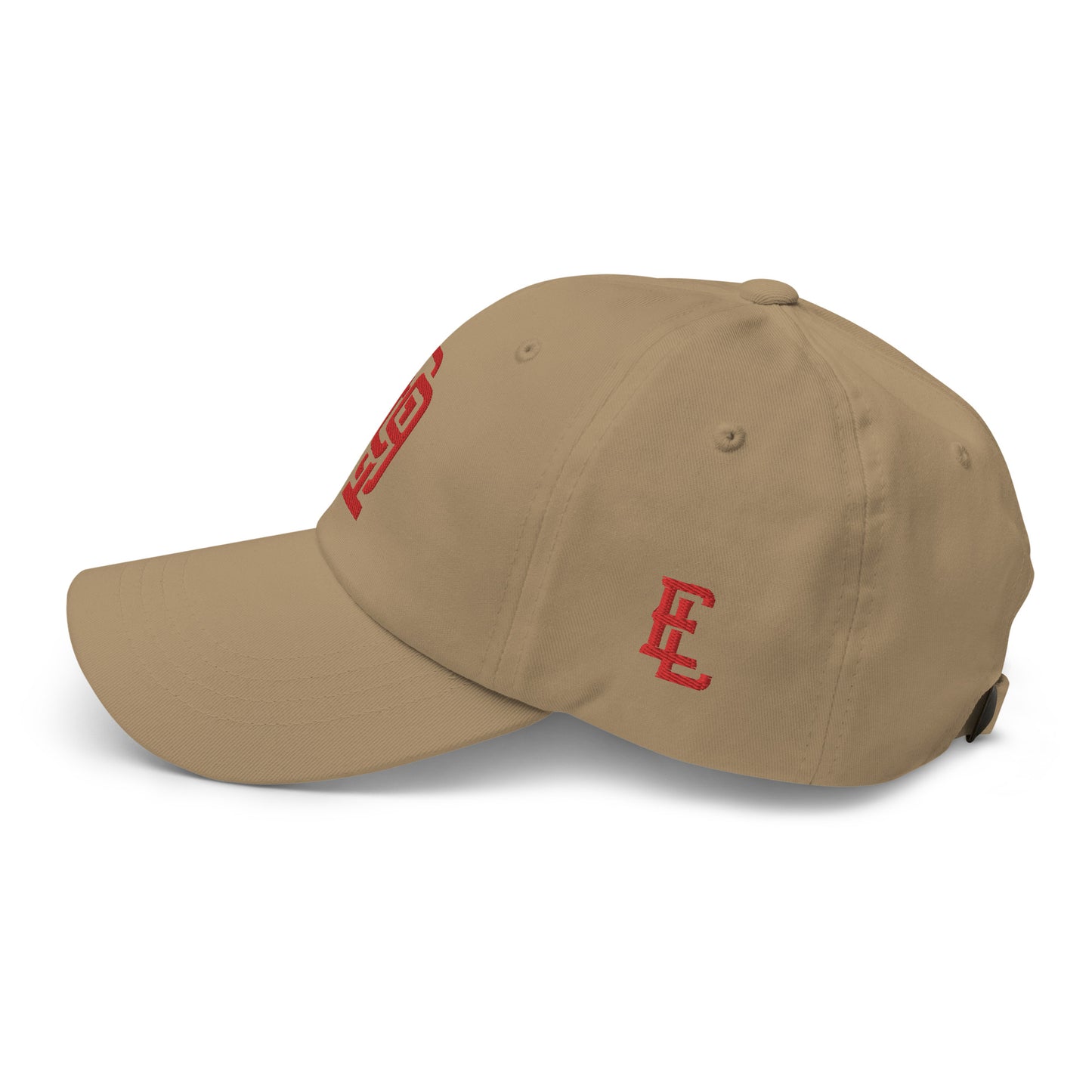 "619" Classic Dad Hat | Yupoong 6245CM | E Luna Brand ESSENTIAL Duocrest 2 Red Thread Logos: Front & Left