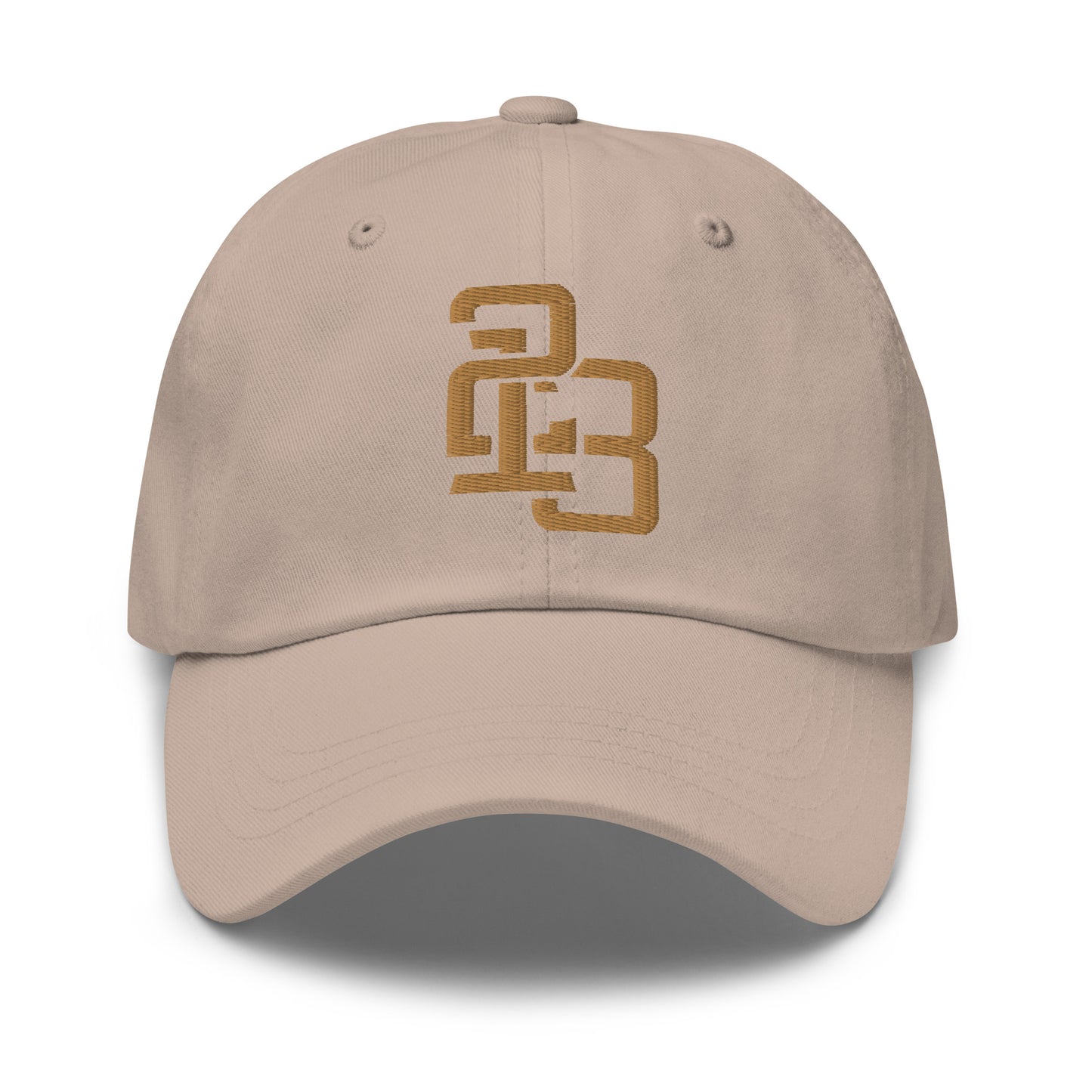 "213" Classic Dad Hat | Yupoong 6245CM | E Luna ESSENTIAL Duocrest 2 Old Gold Thread Front & Left Side Logos
