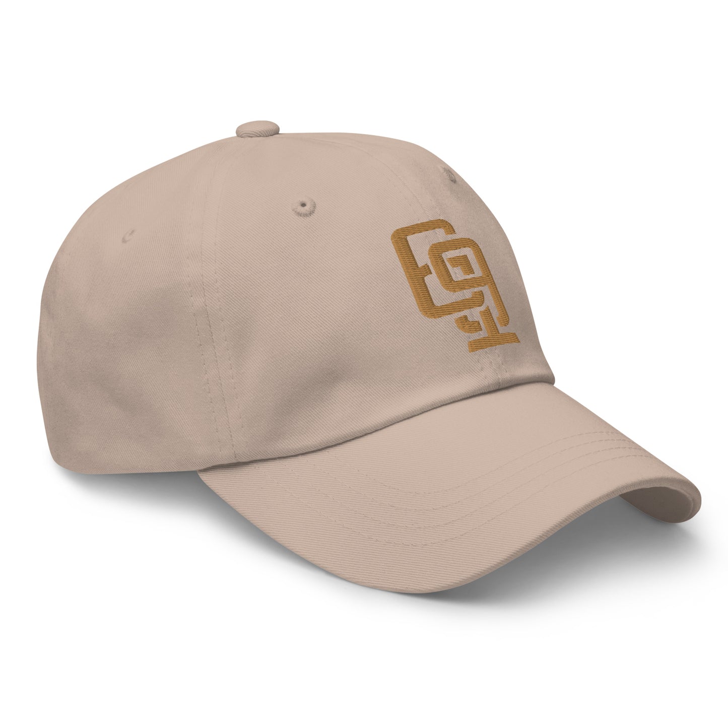 "619" Classic Dad Hat | Yupoong 6245CM | E Luna Brand ESSENTIAL Duocrest 2 Old Gold Thread Logos: Front & Left