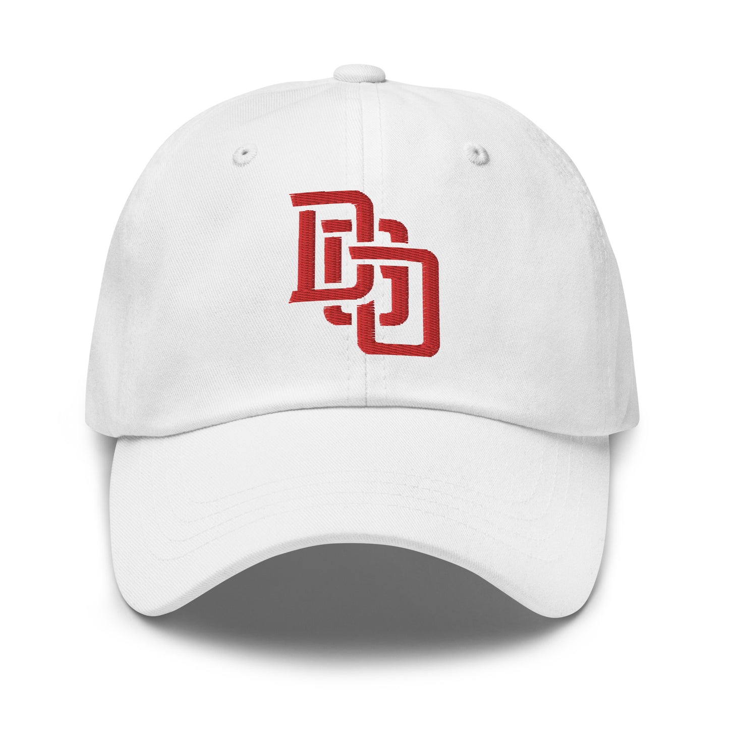 "DGO" Classic Dad Hat | Yupoong 6245CM | E Luna Brand ESSENTIAL Duocrest 2 Red Thread Logos: Front & Left