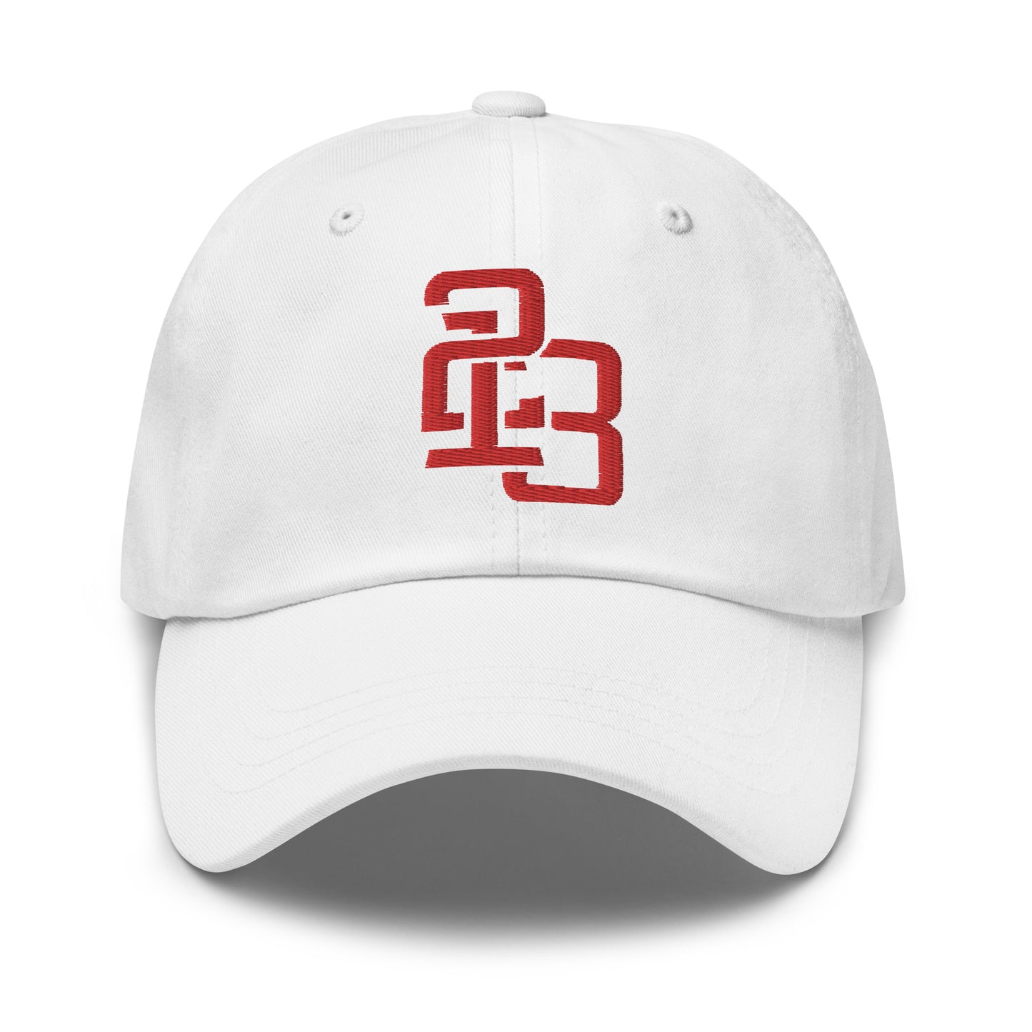 "213" Classic Dad Hat | Yupoong 6245CM | E Luna SELECT Tricrest 3 Red Thread Front, Left Side & Back Logos