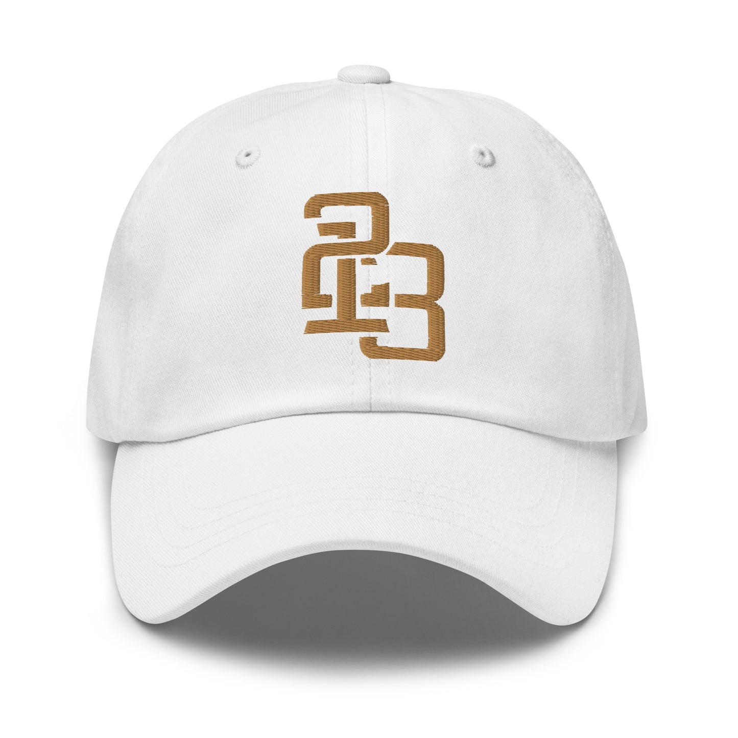"213" Classic Dad Hat | Yupoong 6245CM | E Luna SELECT Tricrest 3 Old Gold Thread Front, Left Side & Back Logos