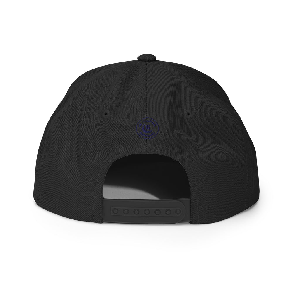 Boné Snapback em Lã Mista "213" | Yupoong 6089M | E Luna SELECT Tricrest 3 Logos Bordados na Frente, Lateral Esquerda e Traseira em Fio Azul-Marinho