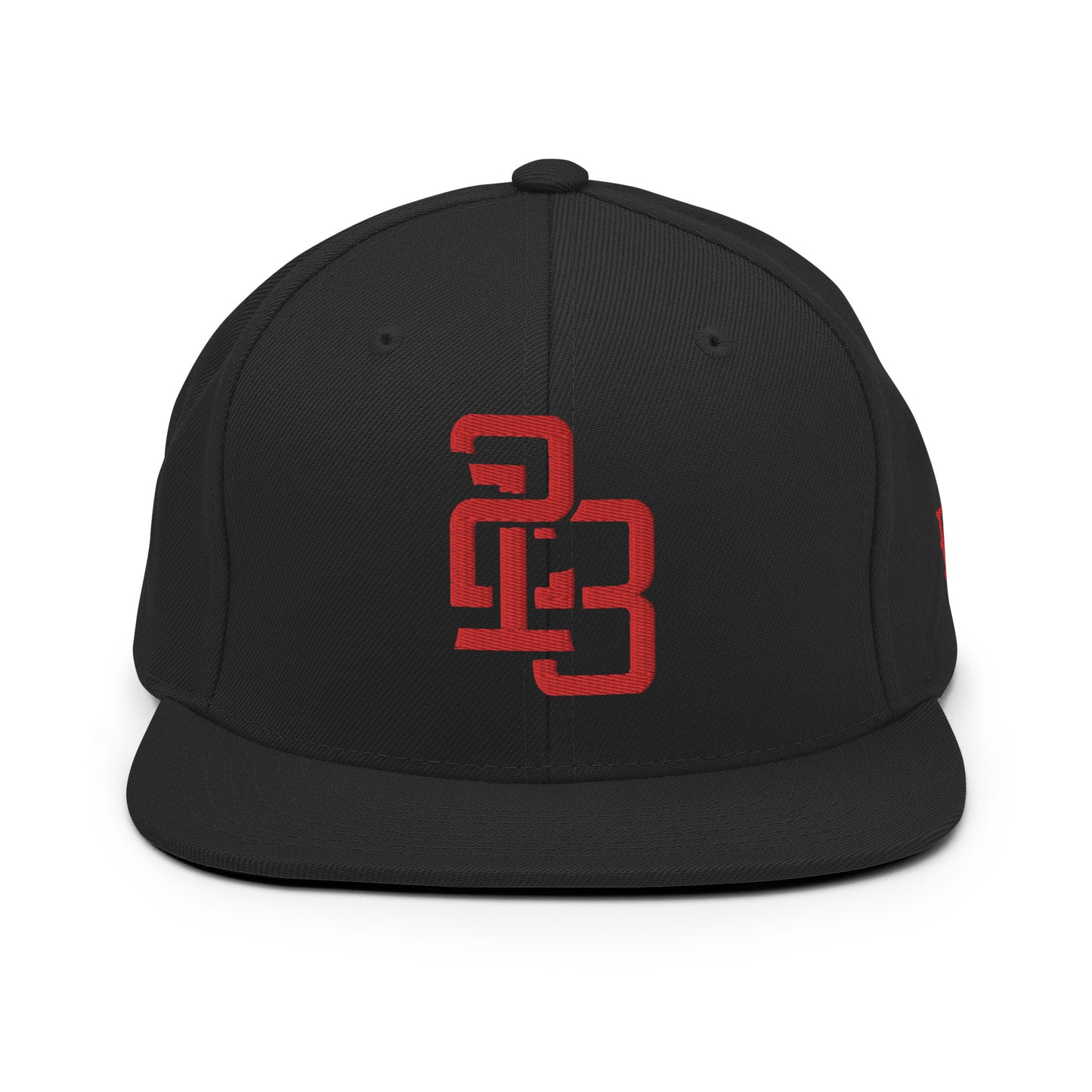 "213" Wool Blend Snapback Hat | Yupoong 6089M | E Luna ESSENTIAL Duocrest 2 Red Thread Front & Left Side Logos