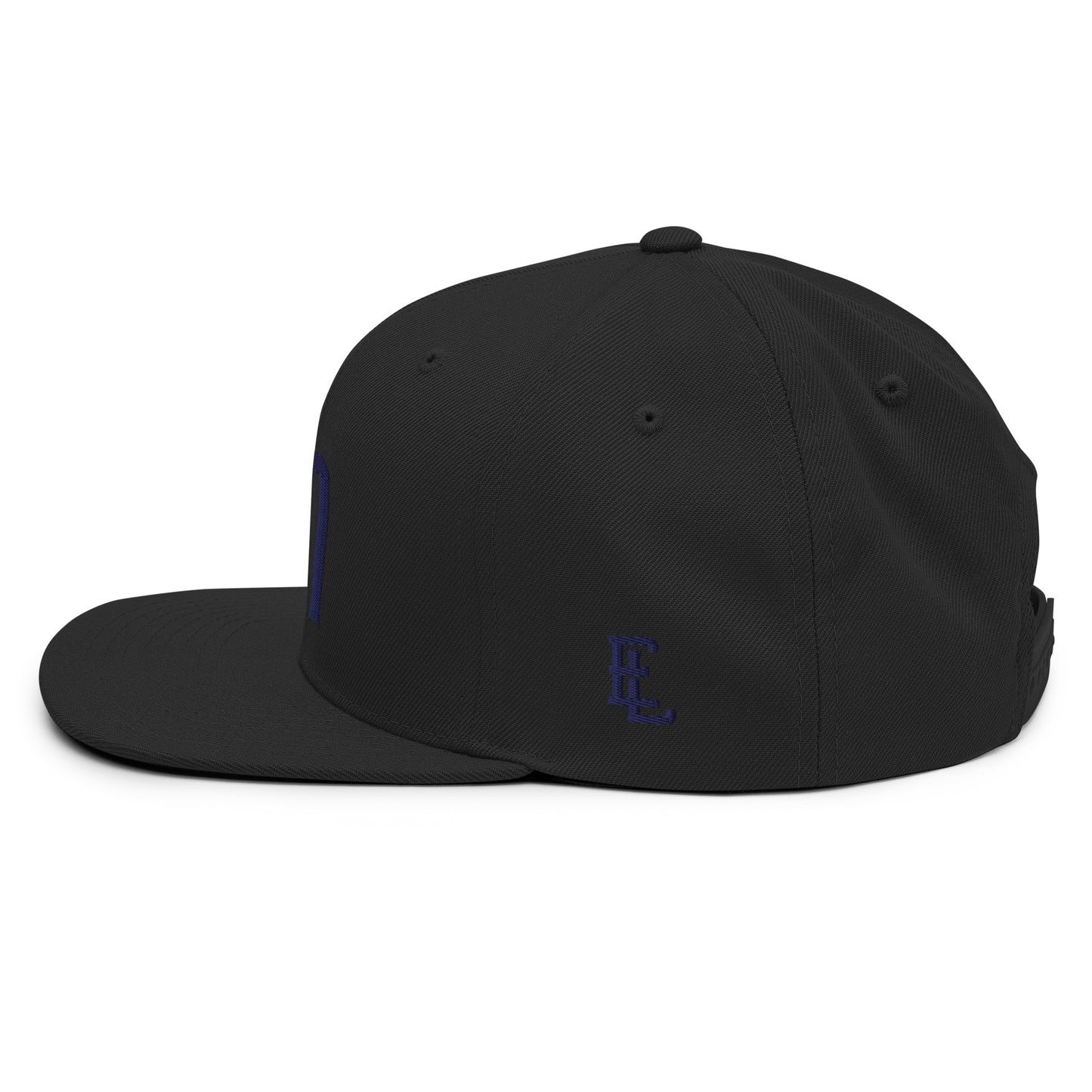 "SAN" Wool Blend Snapback Hat | Yupoong 6089M | E Luna Brand ESSENTIAL Duocrest 2 Navy Thread Logos: Front & Left