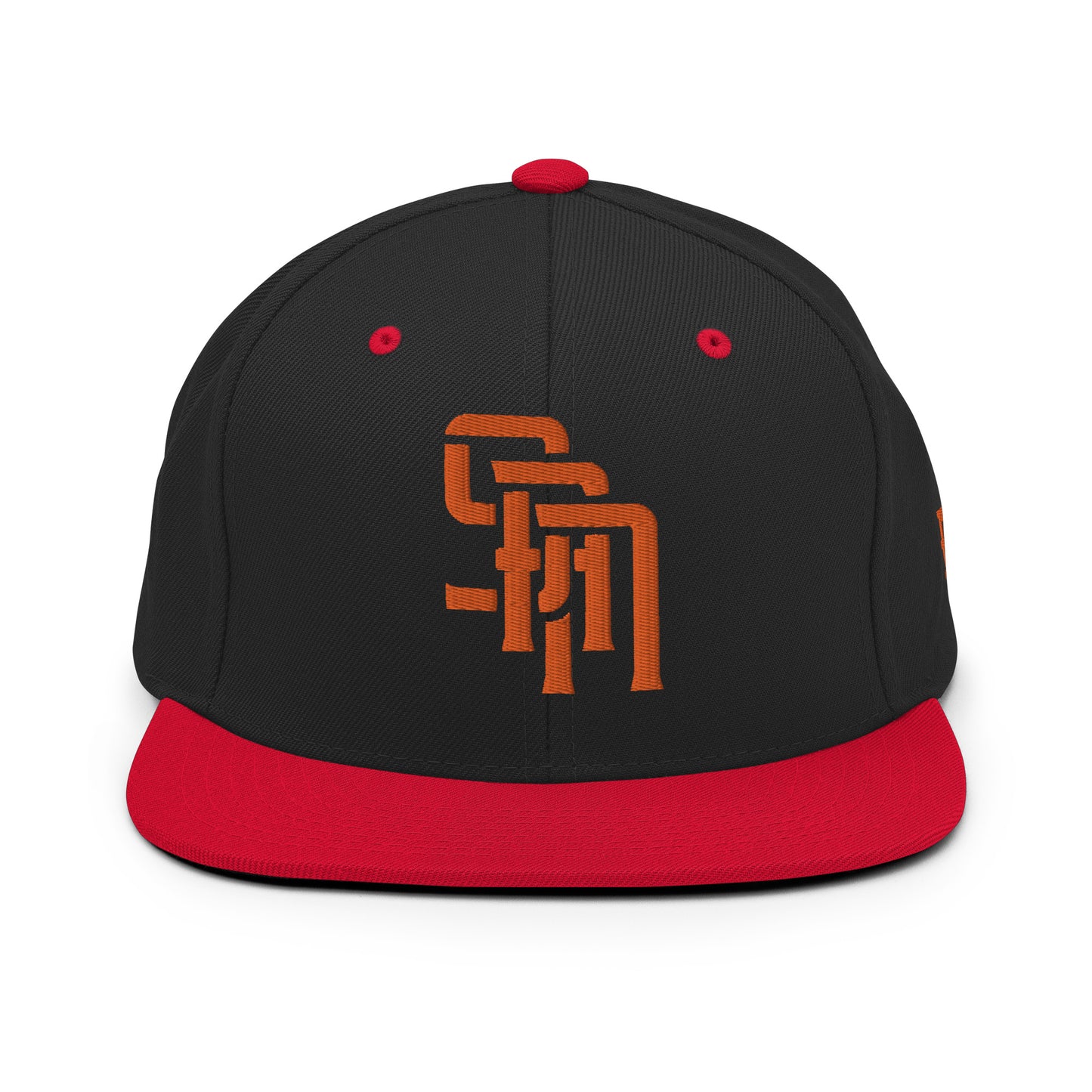 "SAN" Wool Blend Snapback Hat | Yupoong 6089M | E Luna Brand ESSENTIAL Duocrest 2 Orange Thread Logos: Front & Left