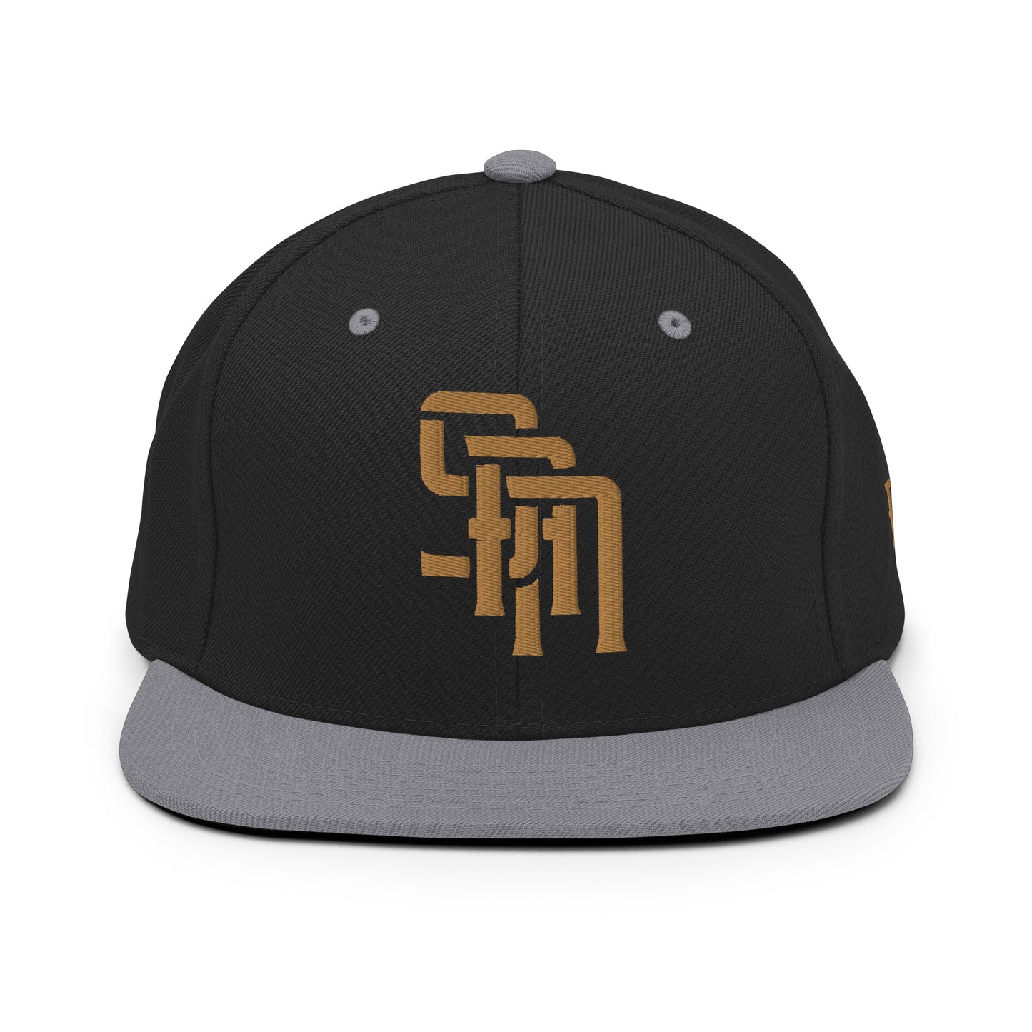 "SAN" Wool Blend Snapback Hat | Yupoong 6089M | E Luna Brand ESSENTIAL Duocrest 2 Old Gold Thread Logos: Front & Left