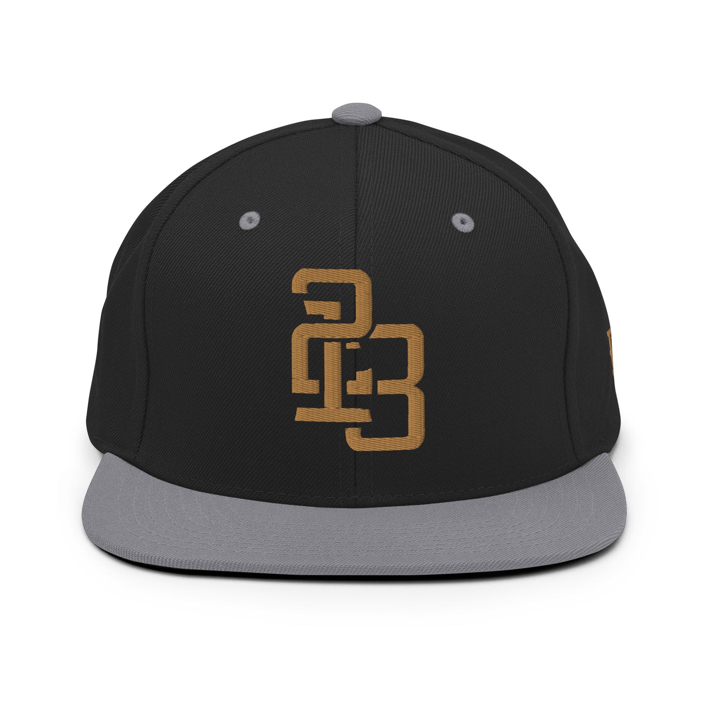 "213" Wool Blend Snapback Hat | Yupoong 6089M | E Luna ESSENTIAL Duocrest 2 Old Gold Thread Front & Left Side Logos