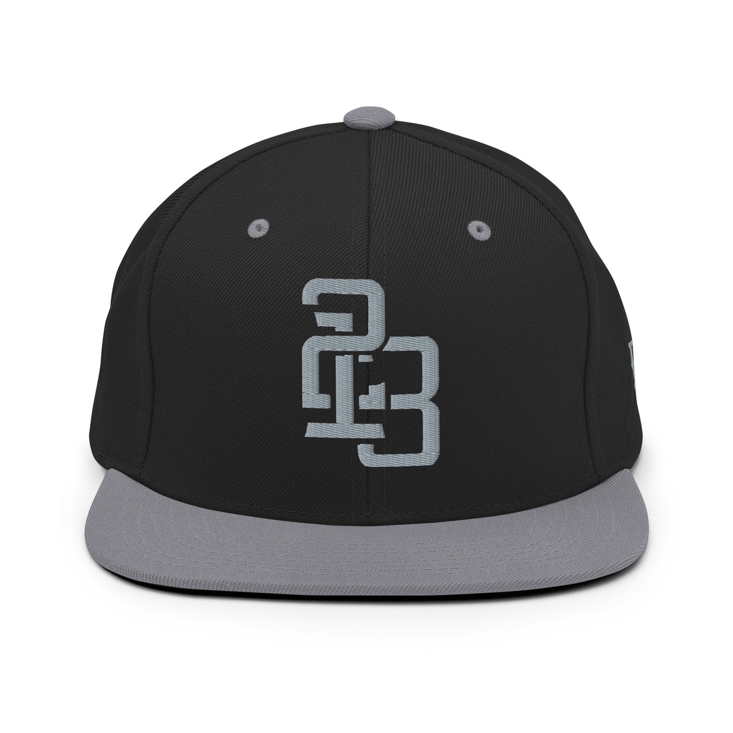"213" Wool Blend Snapback Hat | Yupoong 6089M | E Luna ESSENTIAL Duocrest 2 Grey Thread Front & Left Side Logos
